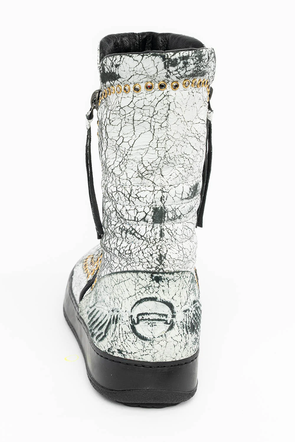 MENS HIGH TOP BIKER SHOES IN CRACKLED WHITE LEATHER WITH CRYSTAL EMBELLISHMENT DEFINITION - Image 7