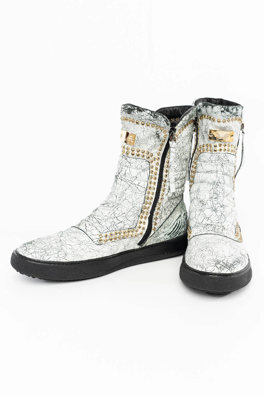 MENS HIGH TOP BIKER SHOES IN CRACKLED WHITE LEATHER WITH CRYSTAL EMBELLISHMENT DEFINITION - Image 8
