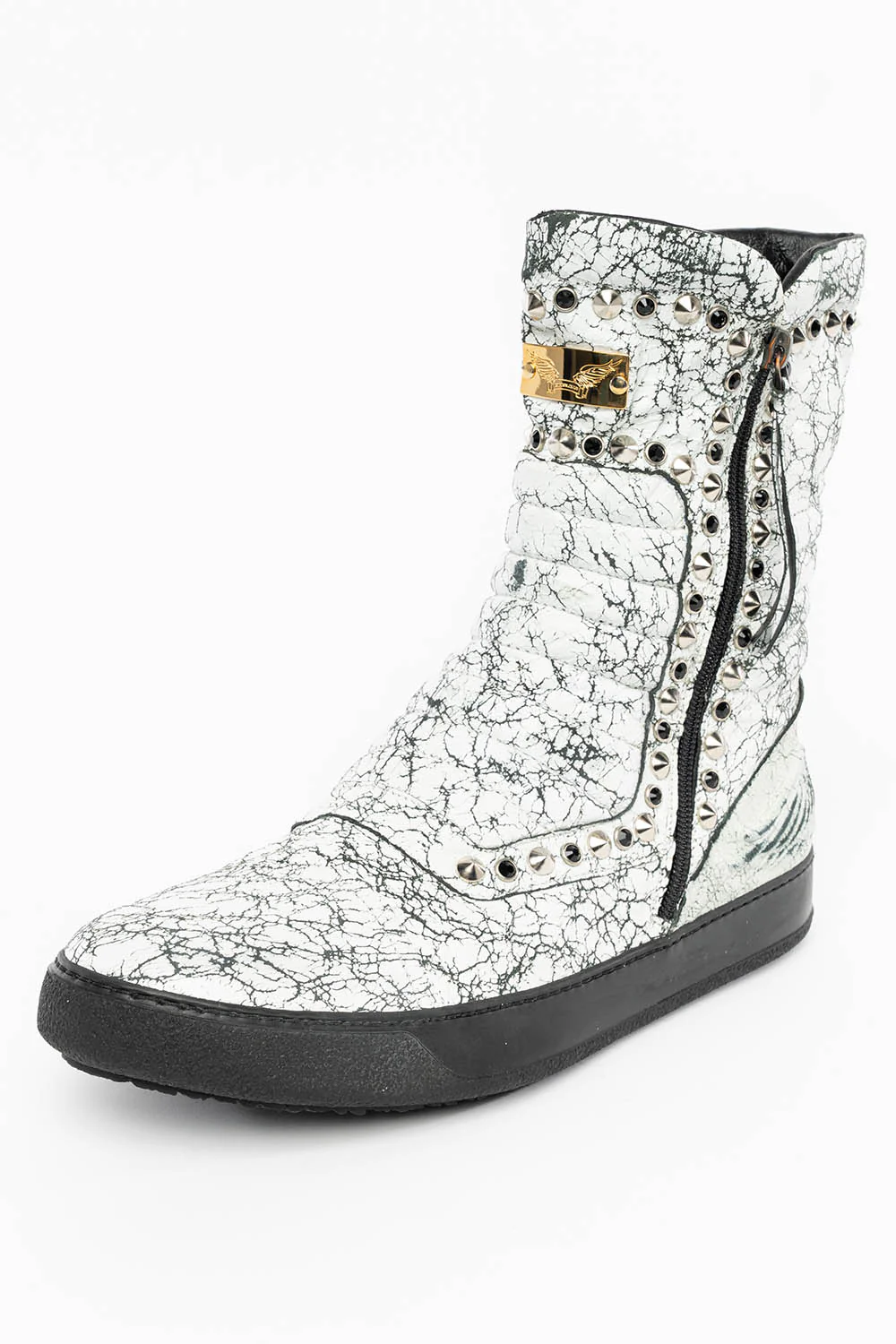 MENS HIGH TOP BIKER SHOES IN CRACKLED WHITE LEATHER WITH CRYSTALS AND SPIKE EMBELLISHMENT - Image 3