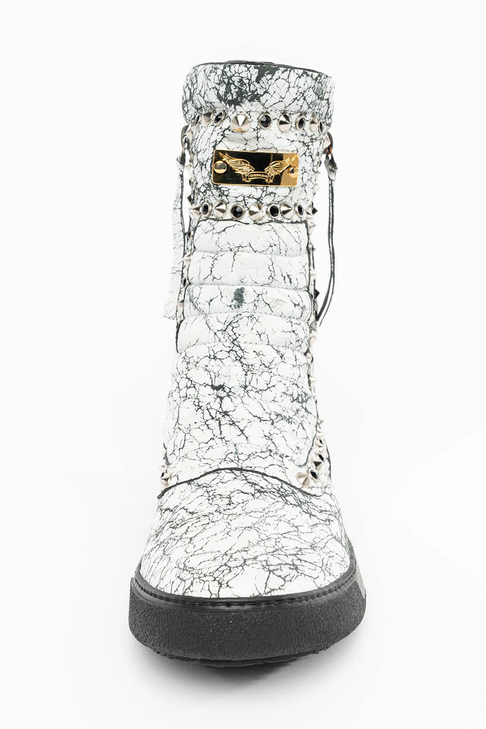 MENS HIGH TOP BIKER SHOES IN CRACKLED WHITE LEATHER WITH CRYSTALS AND SPIKE EMBELLISHMENT - Image 4
