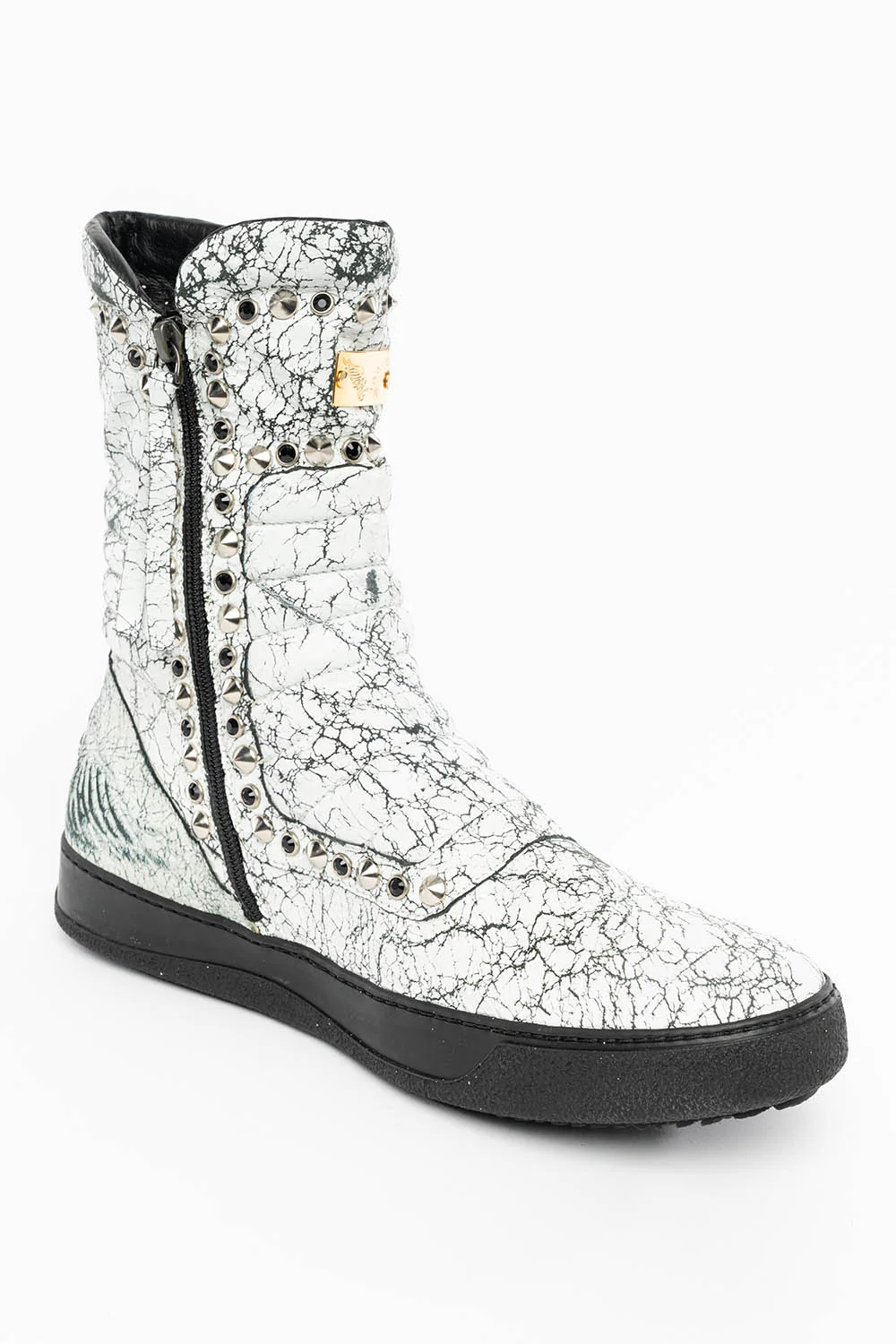 MENS HIGH TOP BIKER SHOES IN CRACKLED WHITE LEATHER WITH CRYSTALS AND SPIKE EMBELLISHMENT - Image 5