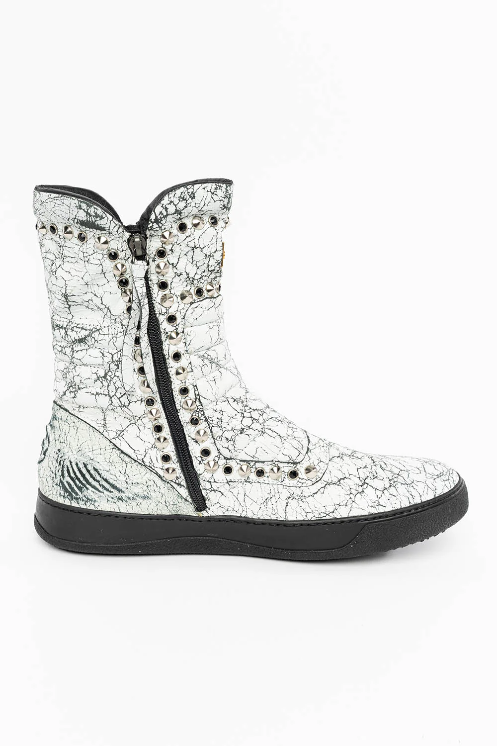 MENS HIGH TOP BIKER SHOES IN CRACKLED WHITE LEATHER WITH CRYSTALS AND SPIKE EMBELLISHMENT - Image 6