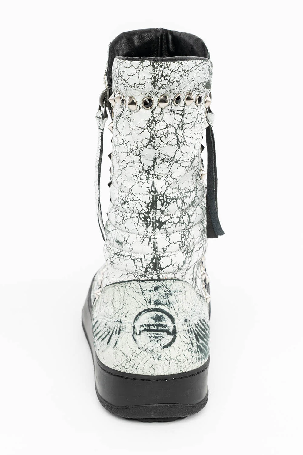 MENS HIGH TOP BIKER SHOES IN CRACKLED WHITE LEATHER WITH CRYSTALS AND SPIKE EMBELLISHMENT - Image 7