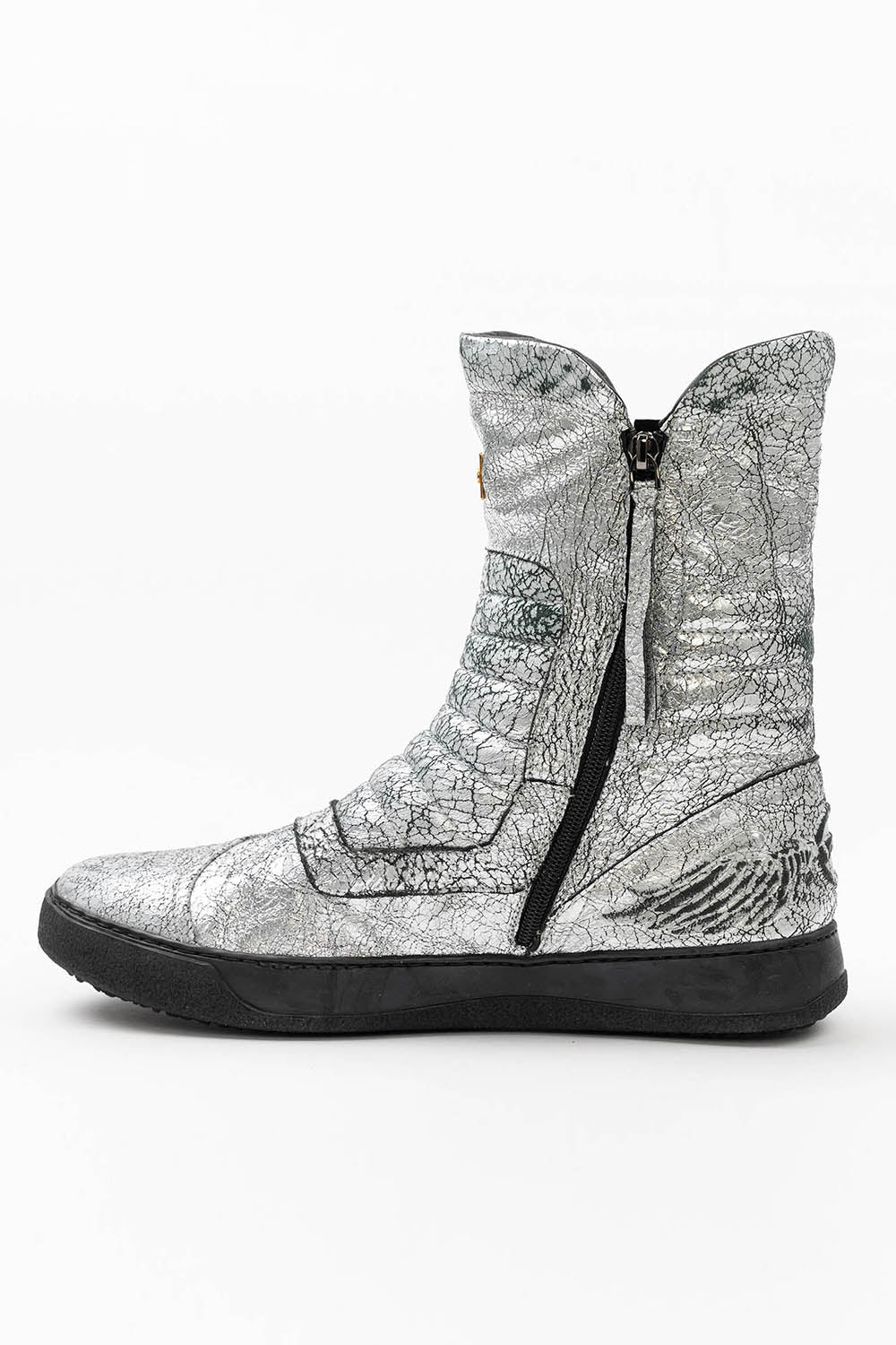 MENS HIGH TOP BIKER SHOES IN CRACKLED SILVER - Image 5