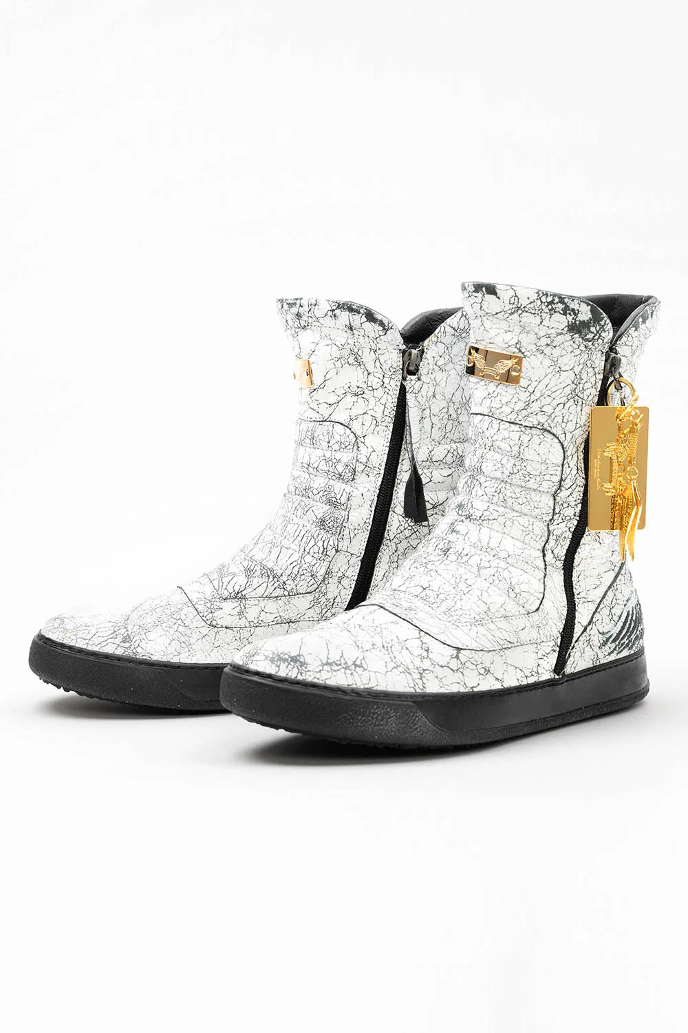 MENS HIGH TOP BIKER SHOES IN CRACKLED WHITE - Image 2
