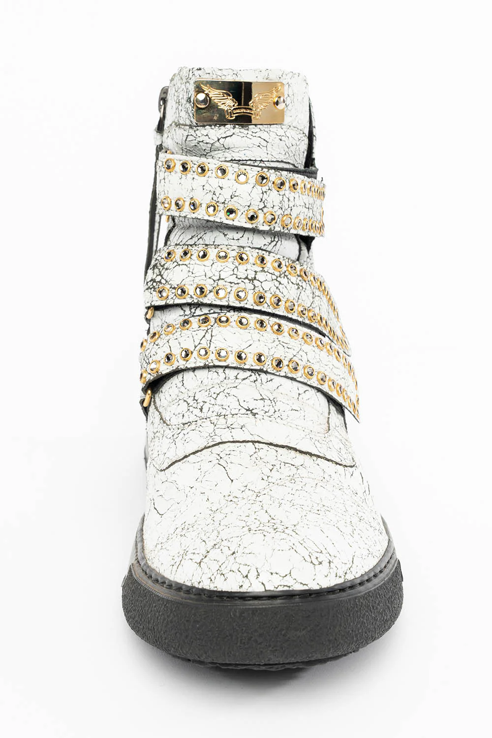 MENS HIGH TOP VELCRO SHOES IN CRACKLED WHITE LEATHER WITH CRYSTAL EMBELLISHMENT - Image 4