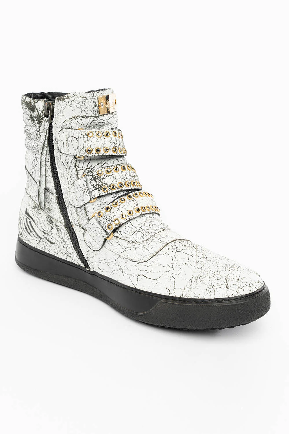 MENS HIGH TOP VELCRO SHOES IN CRACKLED WHITE LEATHER WITH CRYSTAL EMBELLISHMENT - Image 5