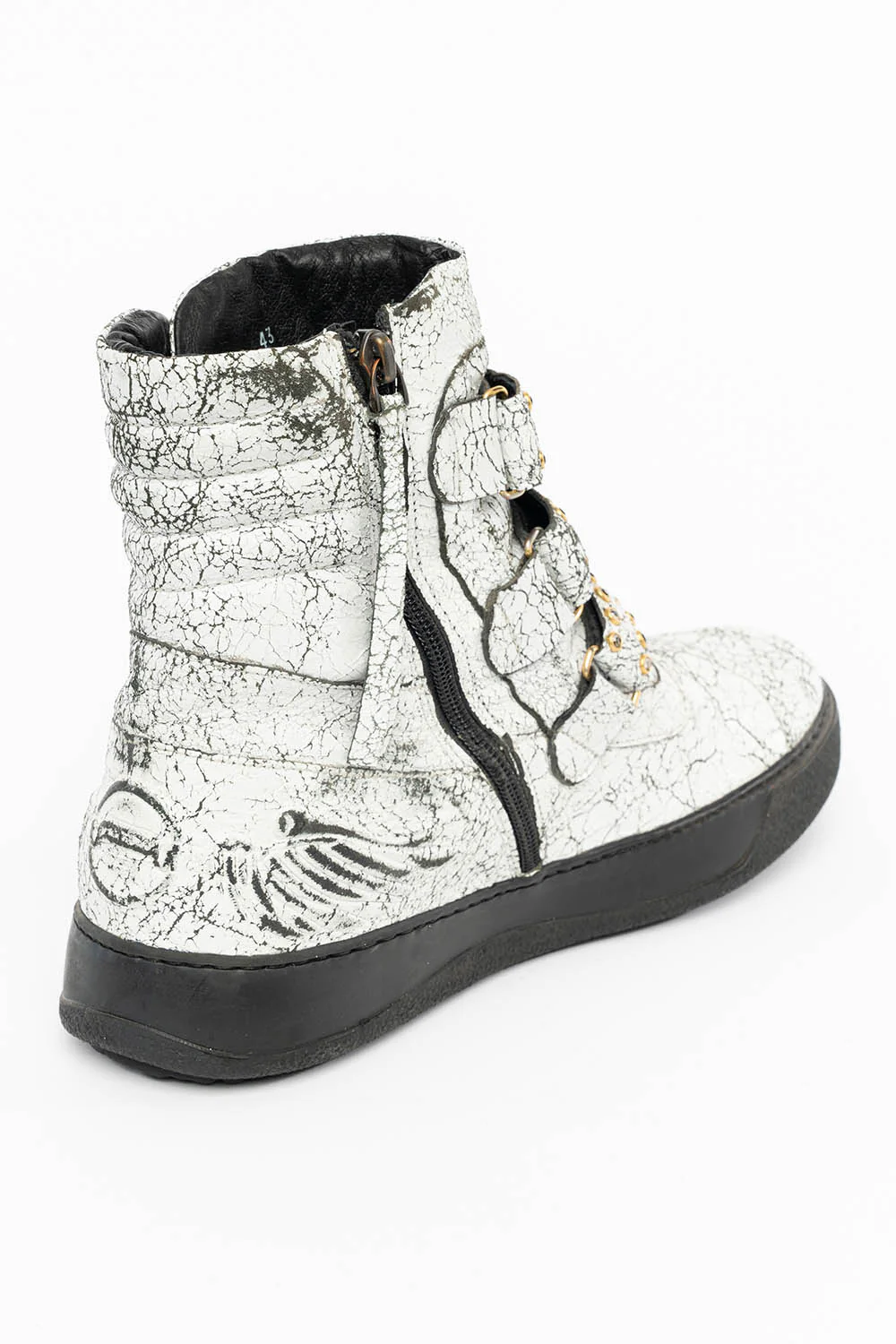 MENS HIGH TOP VELCRO SHOES IN CRACKLED WHITE LEATHER WITH CRYSTAL EMBELLISHMENT - Image 7