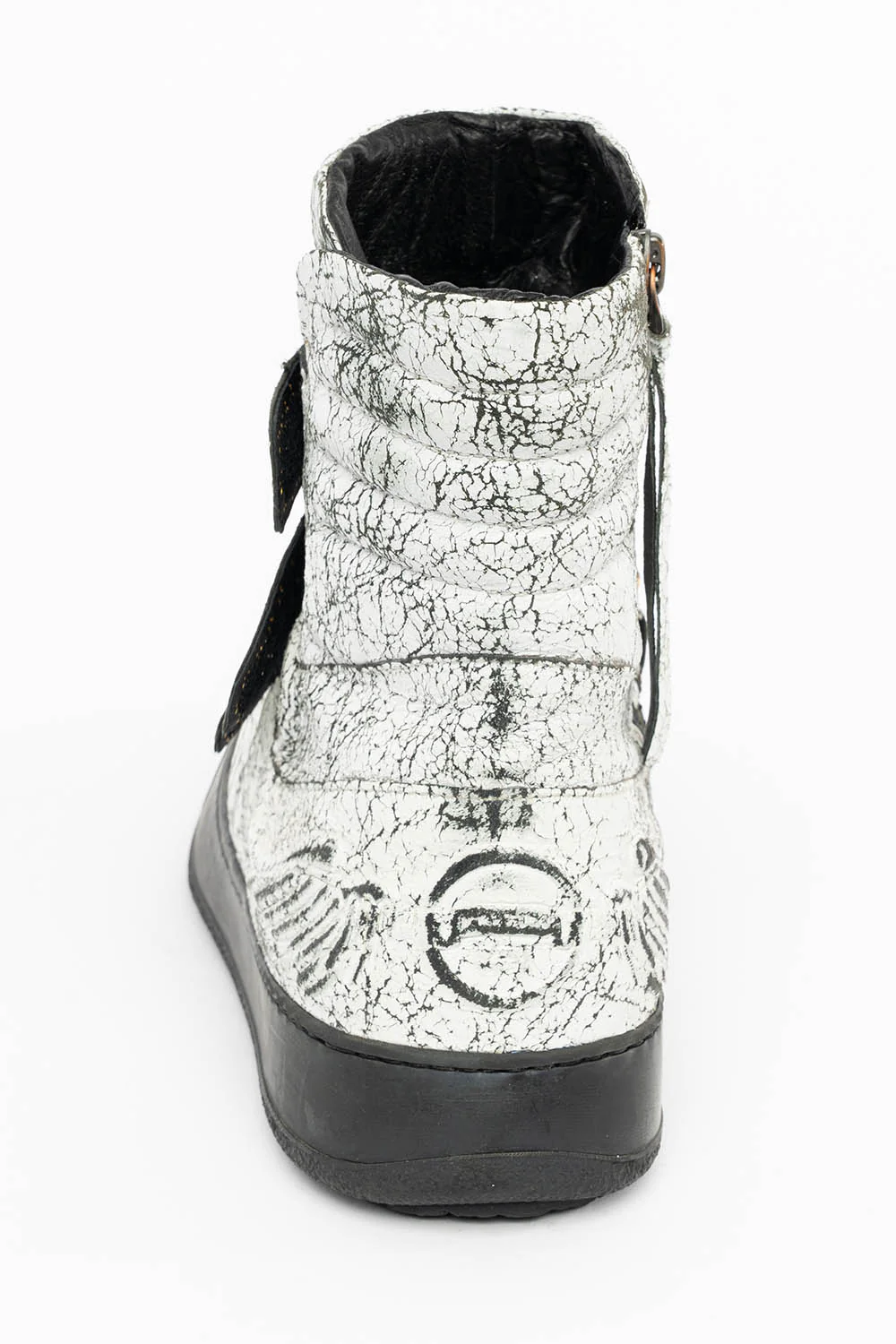 MENS HIGH TOP VELCRO SHOES IN CRACKLED WHITE LEATHER WITH CRYSTAL EMBELLISHMENT - Image 8