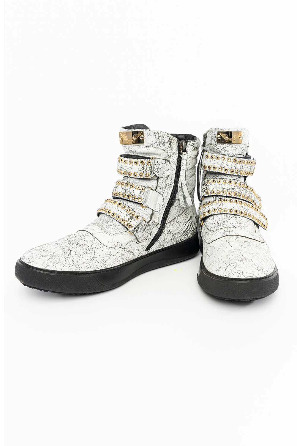MENS HIGH TOP VELCRO SHOES IN CRACKLED WHITE LEATHER WITH CRYSTAL EMBELLISHMENT - Image 9
