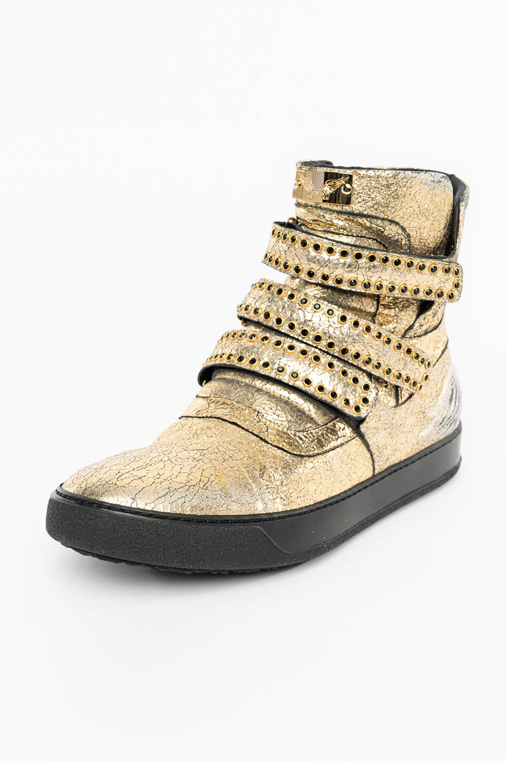 MENS HIGH TOP VELCRO SHOES IN CRACKLED GOLD LEATHER WITH CRYSTAL EMBELLISHMENT - Image 3