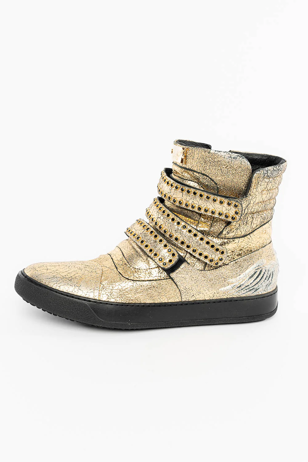 MENS HIGH TOP VELCRO SHOES IN CRACKLED GOLD LEATHER WITH CRYSTAL EMBELLISHMENT - Image 4