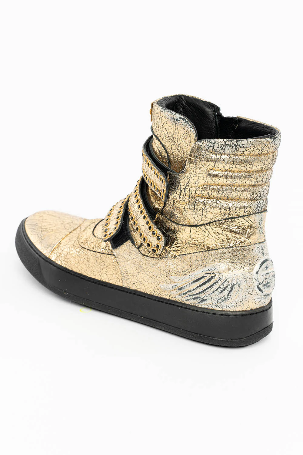 MENS HIGH TOP VELCRO SHOES IN CRACKLED GOLD LEATHER WITH CRYSTAL EMBELLISHMENT - Image 5