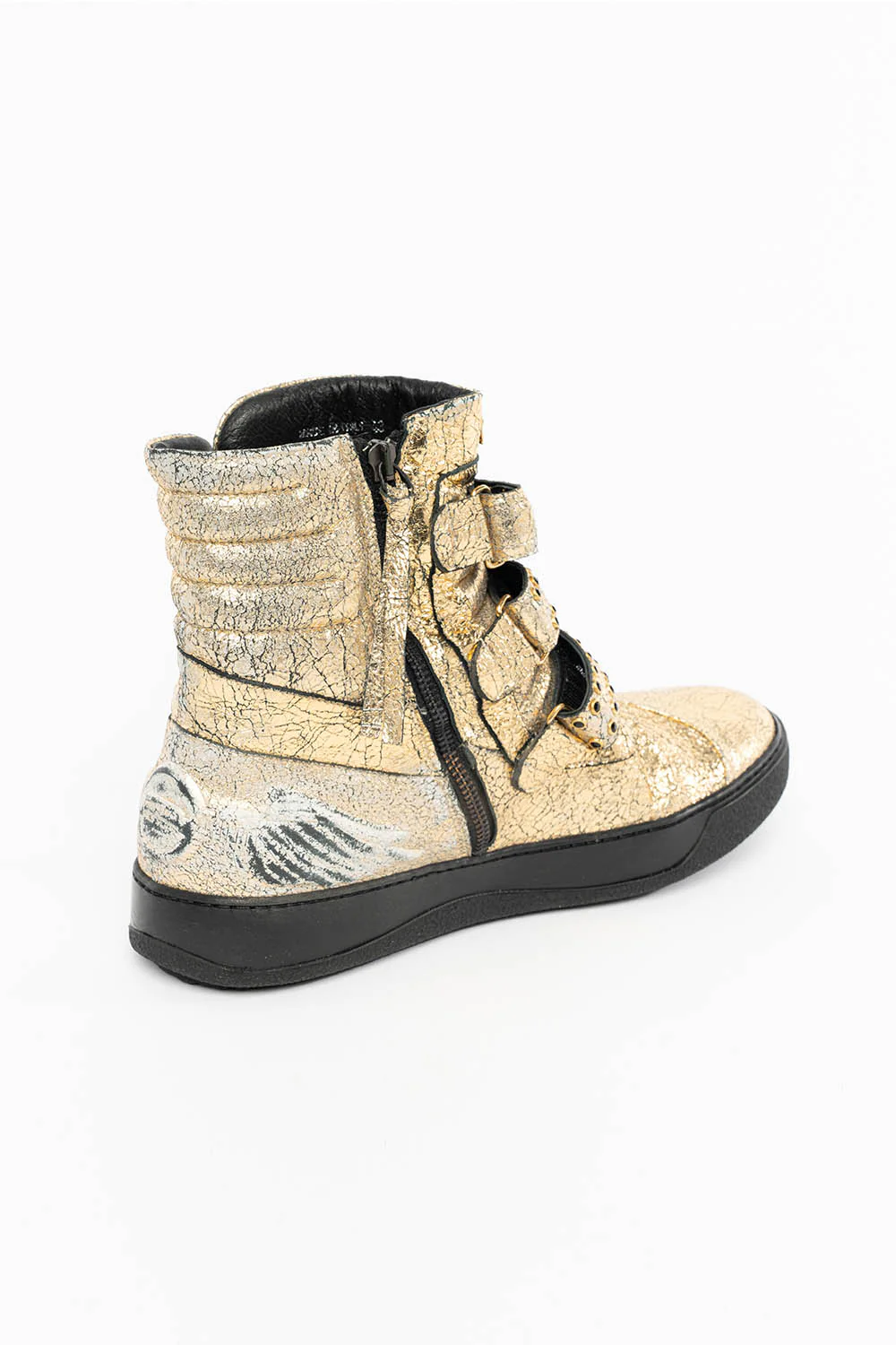 MENS HIGH TOP VELCRO SHOES IN CRACKLED GOLD LEATHER WITH CRYSTAL EMBELLISHMENT - Image 7