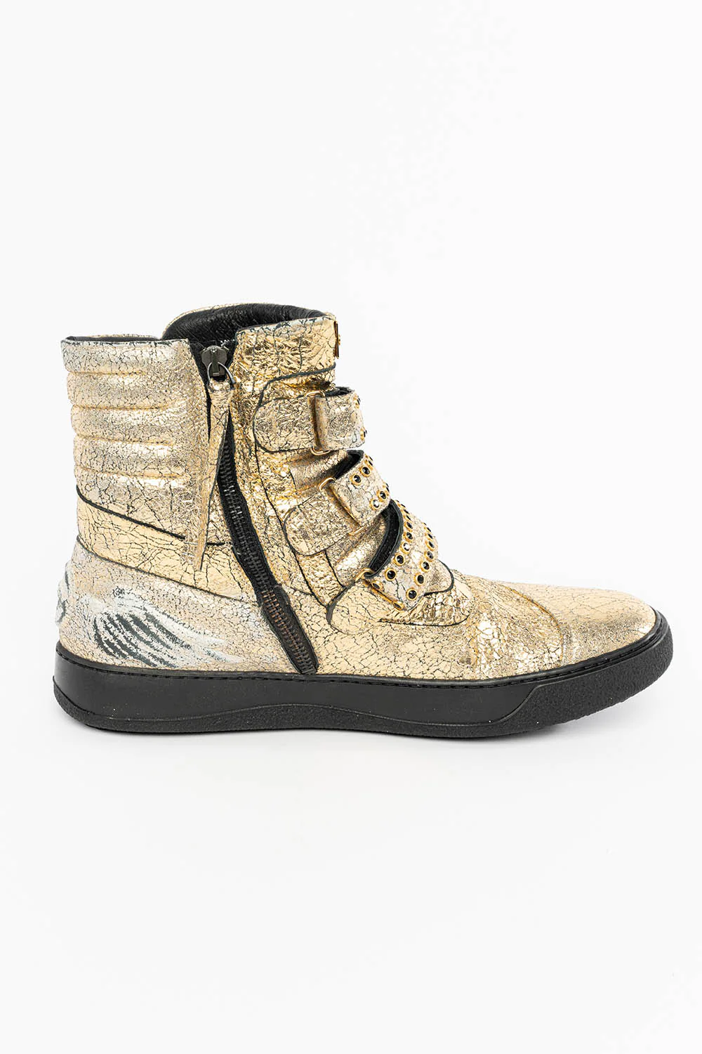 MENS HIGH TOP VELCRO SHOES IN CRACKLED GOLD LEATHER WITH CRYSTAL EMBELLISHMENT - Image 8