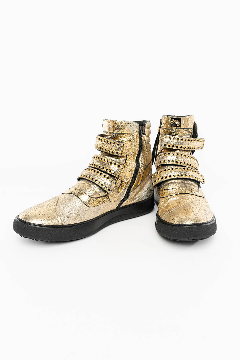 MENS HIGH TOP VELCRO SHOES IN CRACKLED GOLD LEATHER WITH CRYSTAL EMBELLISHMENT - Image 9