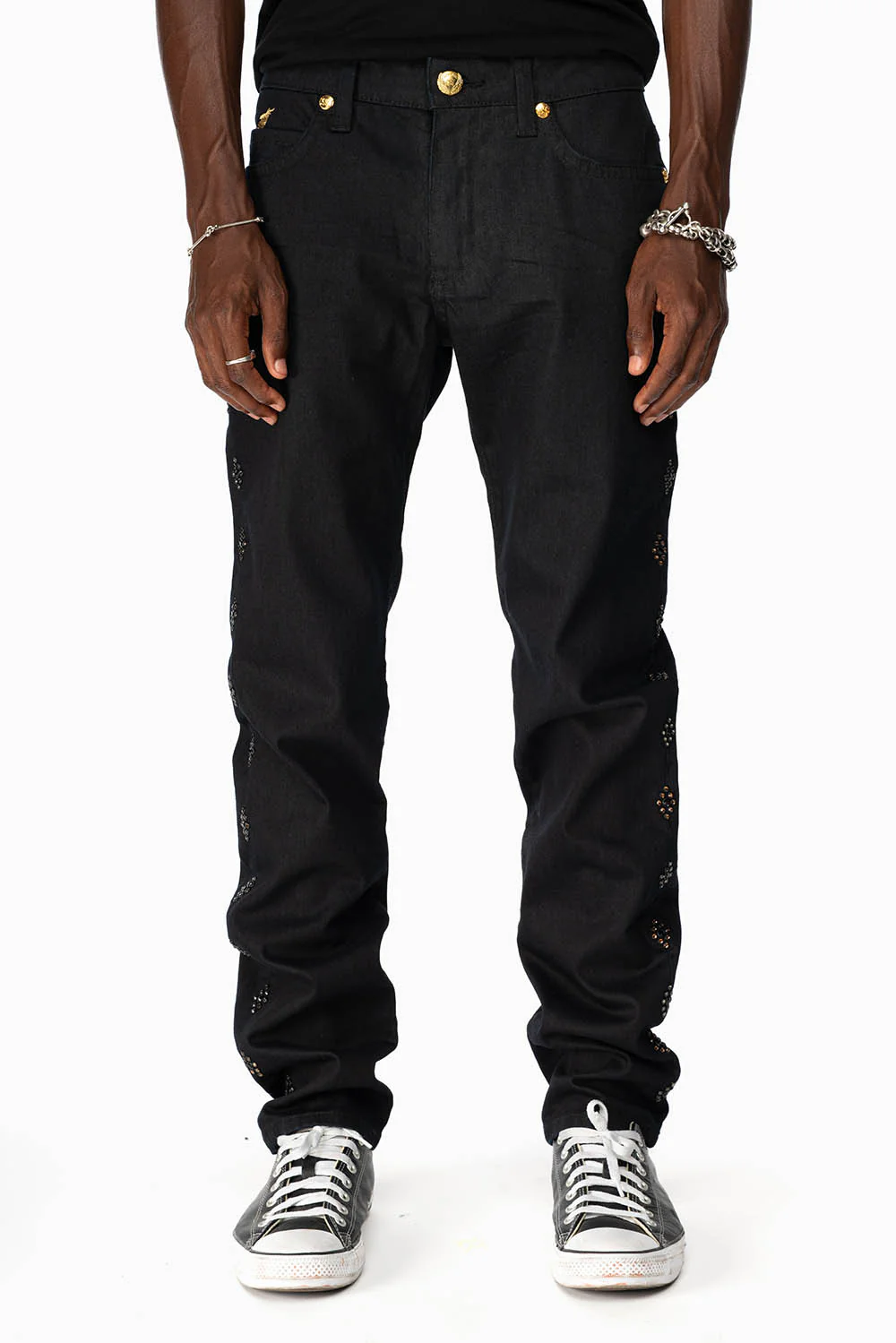 BIG MARLON 5 POCKET SLIM FIT MENS JEANS IN PURE BLACK WASH WITH GUNSLINGER CRYSTAL MOTIF - Image 3