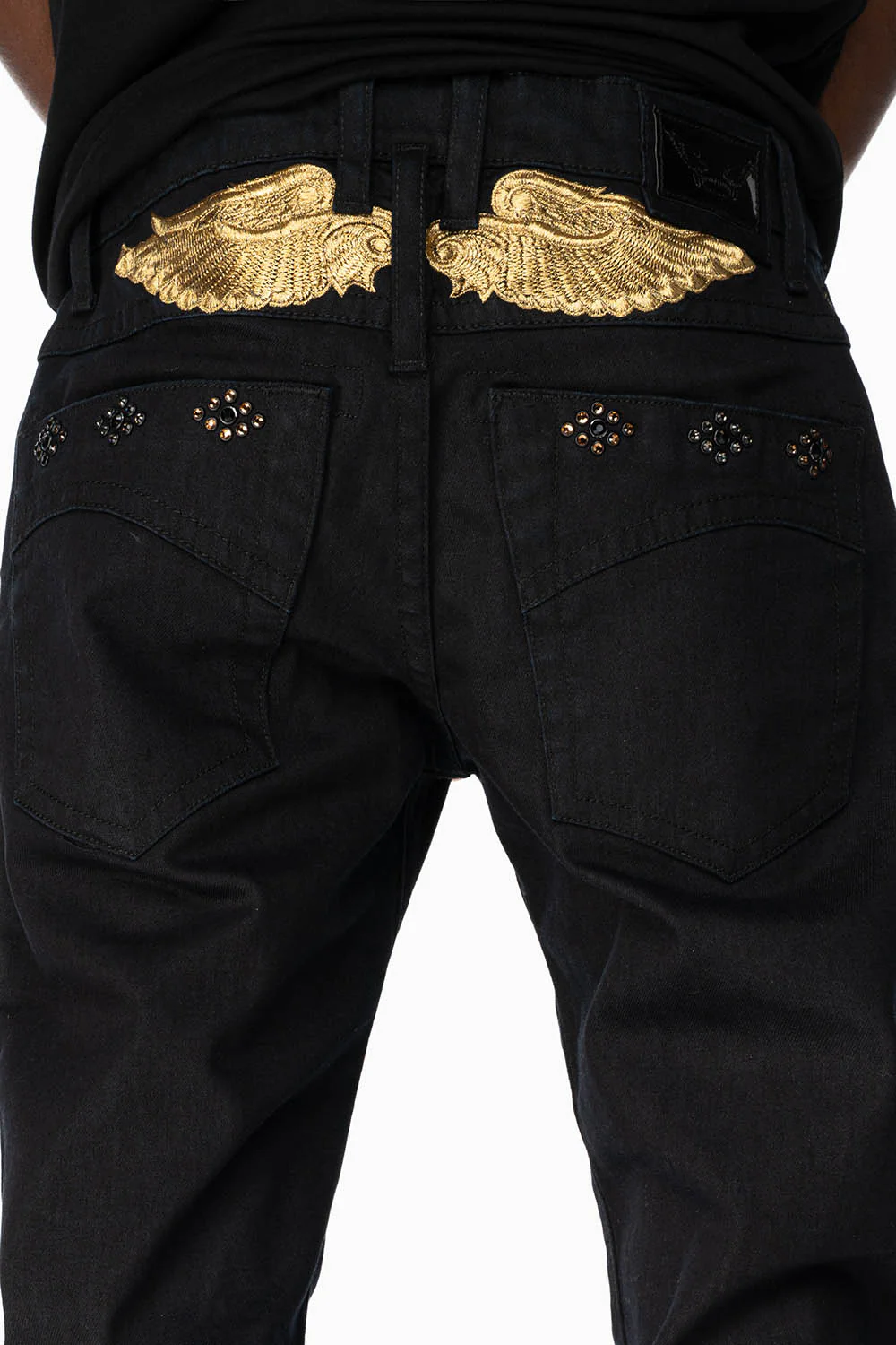BIG MARLON 5 POCKET SLIM FIT MENS JEANS IN PURE BLACK WASH WITH GUNSLINGER CRYSTAL MOTIF - Image 5