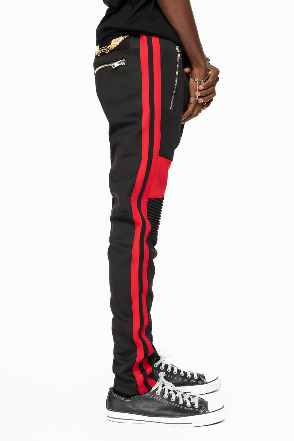 BIKER STYLE JOGGER IN BLACK WITH RED STRIPES - Image 5