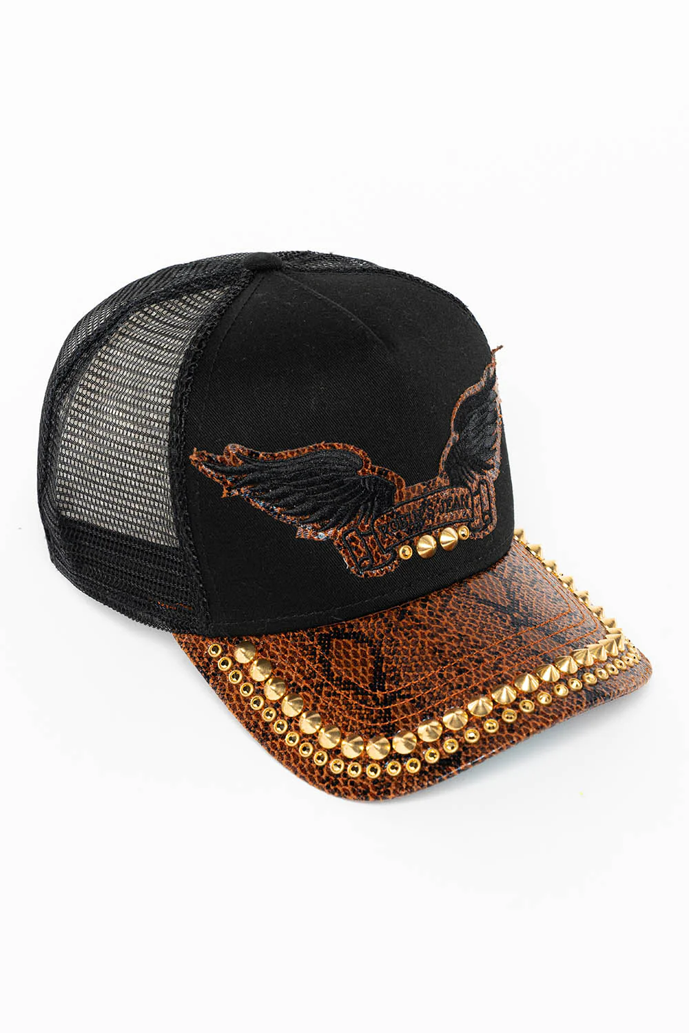 BLACK AND BROWN PYTHON TRUCKER HAT WITH ROBINS SIGNATURE WING AND CRYSTALS - Image 2