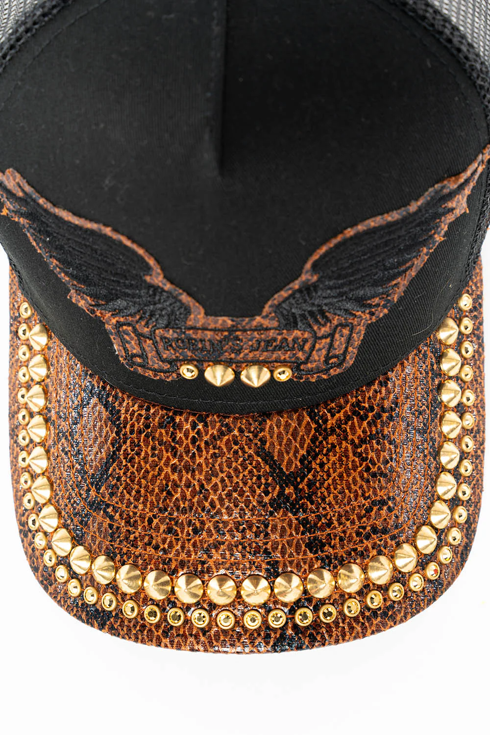 BLACK AND BROWN PYTHON TRUCKER HAT WITH ROBINS SIGNATURE WING AND CRYSTALS - Image 3