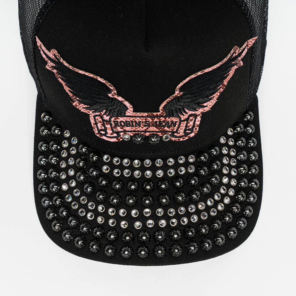 BLACK/SALMOM TRUCKER HAT WITH ROBIN’S SIGNATURE WING LOGO WITH  EMBELLISHMENT - Image 3