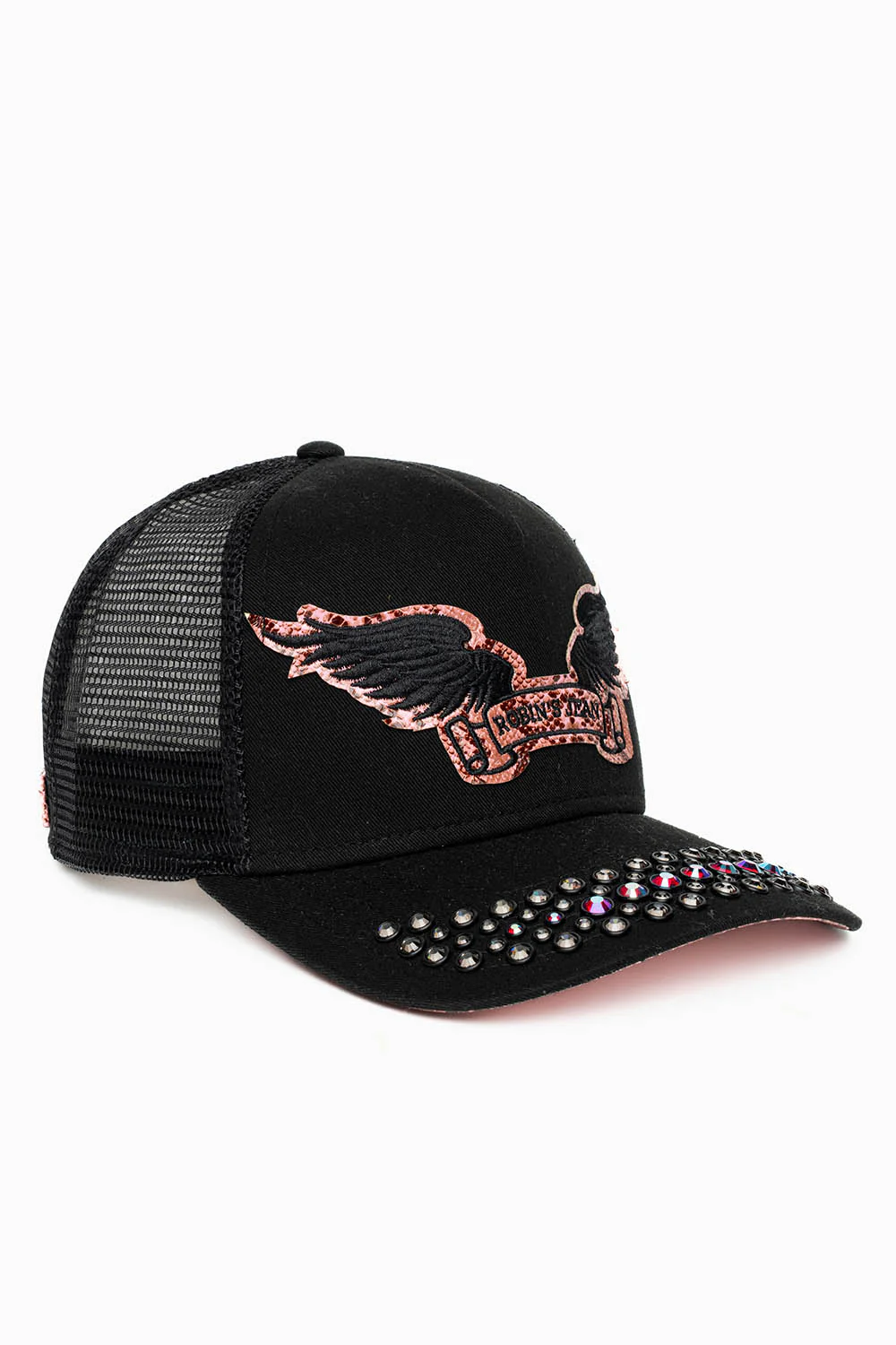 BLACK/SALMOM TRUCKER HAT WITH ROBIN’S SIGNATURE WING LOGO WITH RED AND BLK DIAMOND  EMBELLISHMENT - Image 2