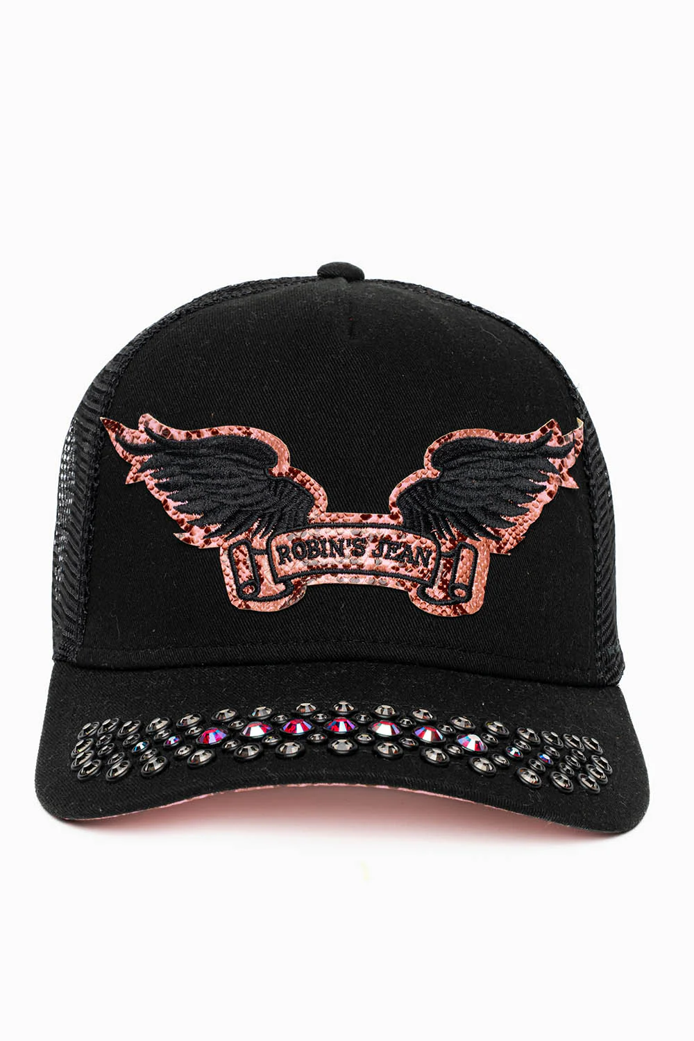 BLACK/SALMOM TRUCKER HAT WITH ROBIN’S SIGNATURE WING LOGO WITH RED AND BLK DIAMOND  EMBELLISHMENT - Image 3