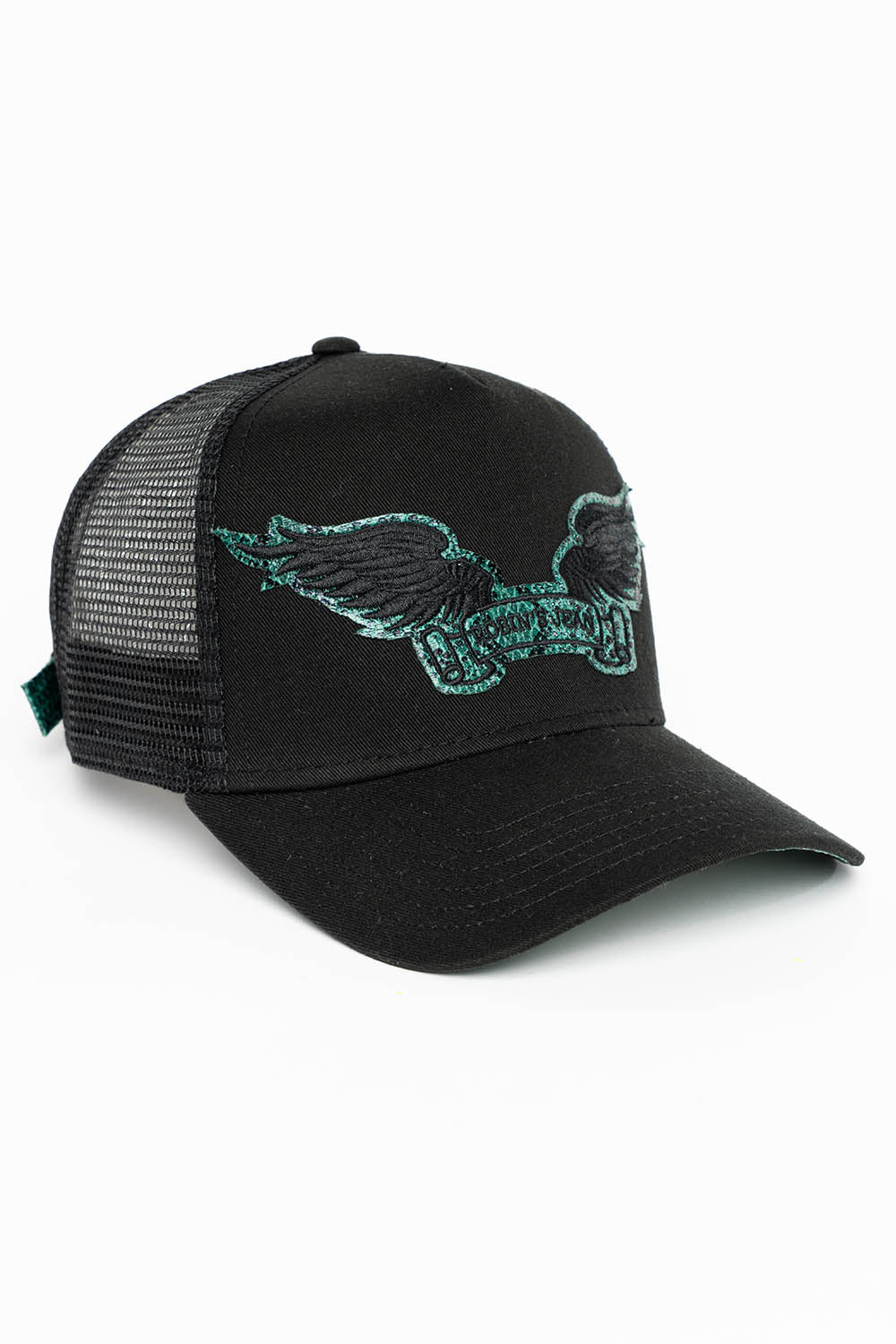 BLACK TRUCKER HAT WITH ROBIN’S SIGNATURE WING LOGO IN GREEN PYTHON - Image 2
