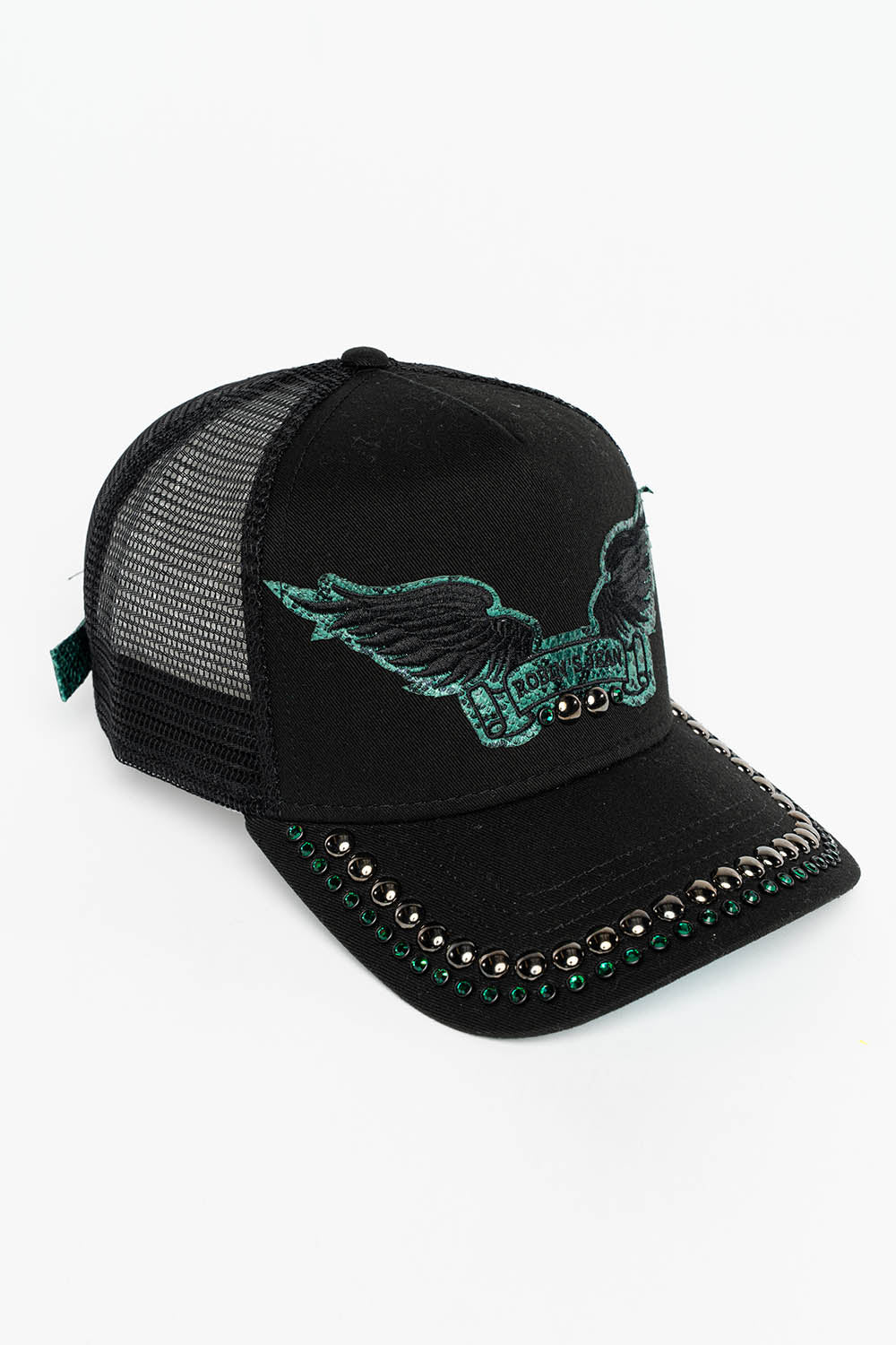 BLACK TRUCKER HAT WITH ROBIN’S SIGNATURE WING LOGO IN GREEN PYTHON WITH EMBALISHMENT - Image 2