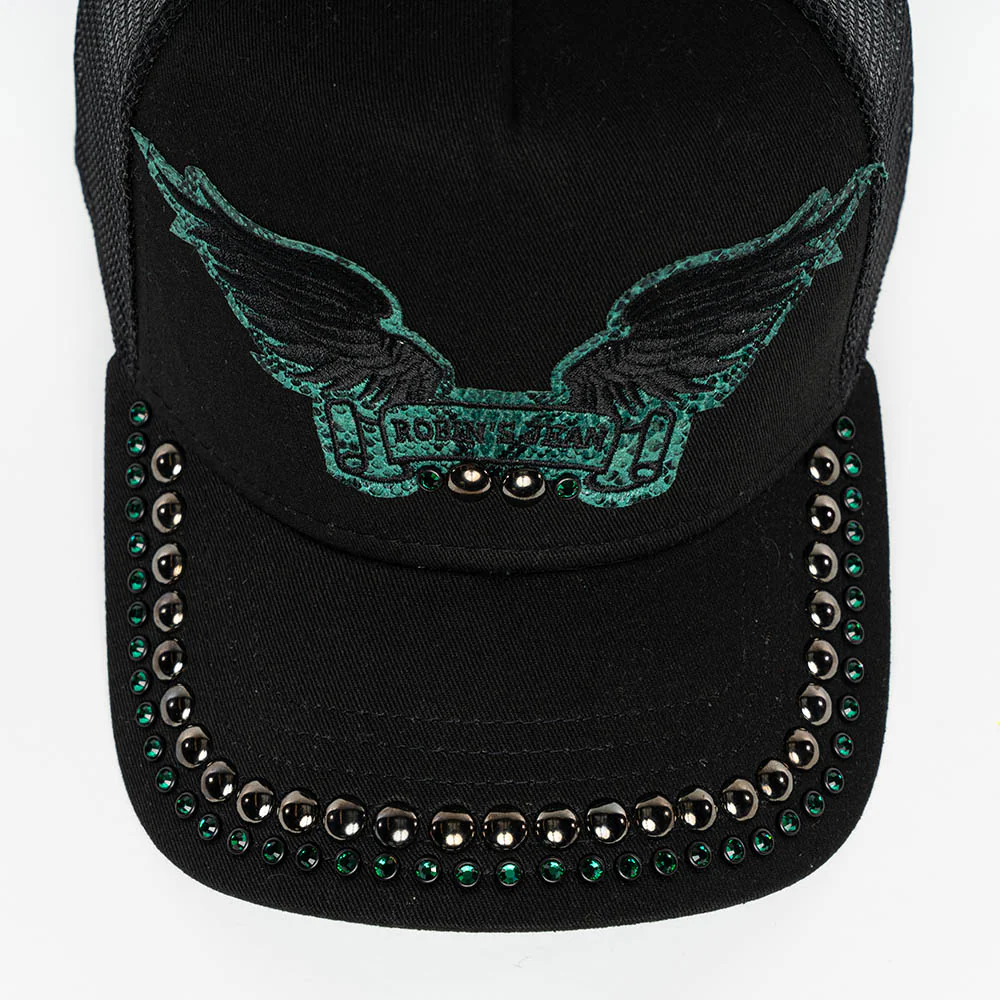 BLACK TRUCKER HAT WITH ROBIN’S SIGNATURE WING LOGO IN GREEN PYTHON WITH EMBALISHMENT - Image 3