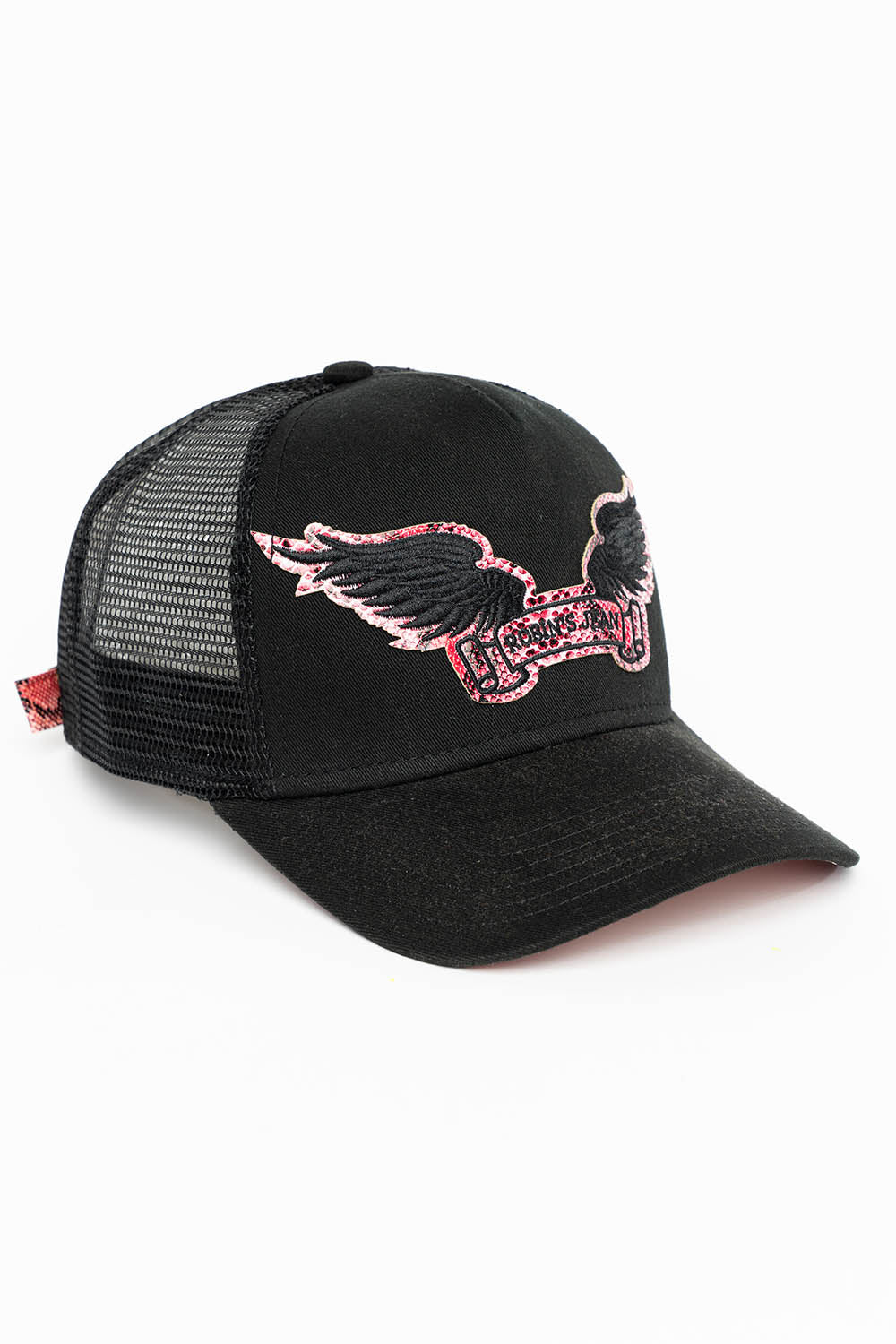 BLACK TRUCKER HAT WITH ROBIN’S SIGNATURE WING LOGO IN HOT PINK PYTHON - Image 2
