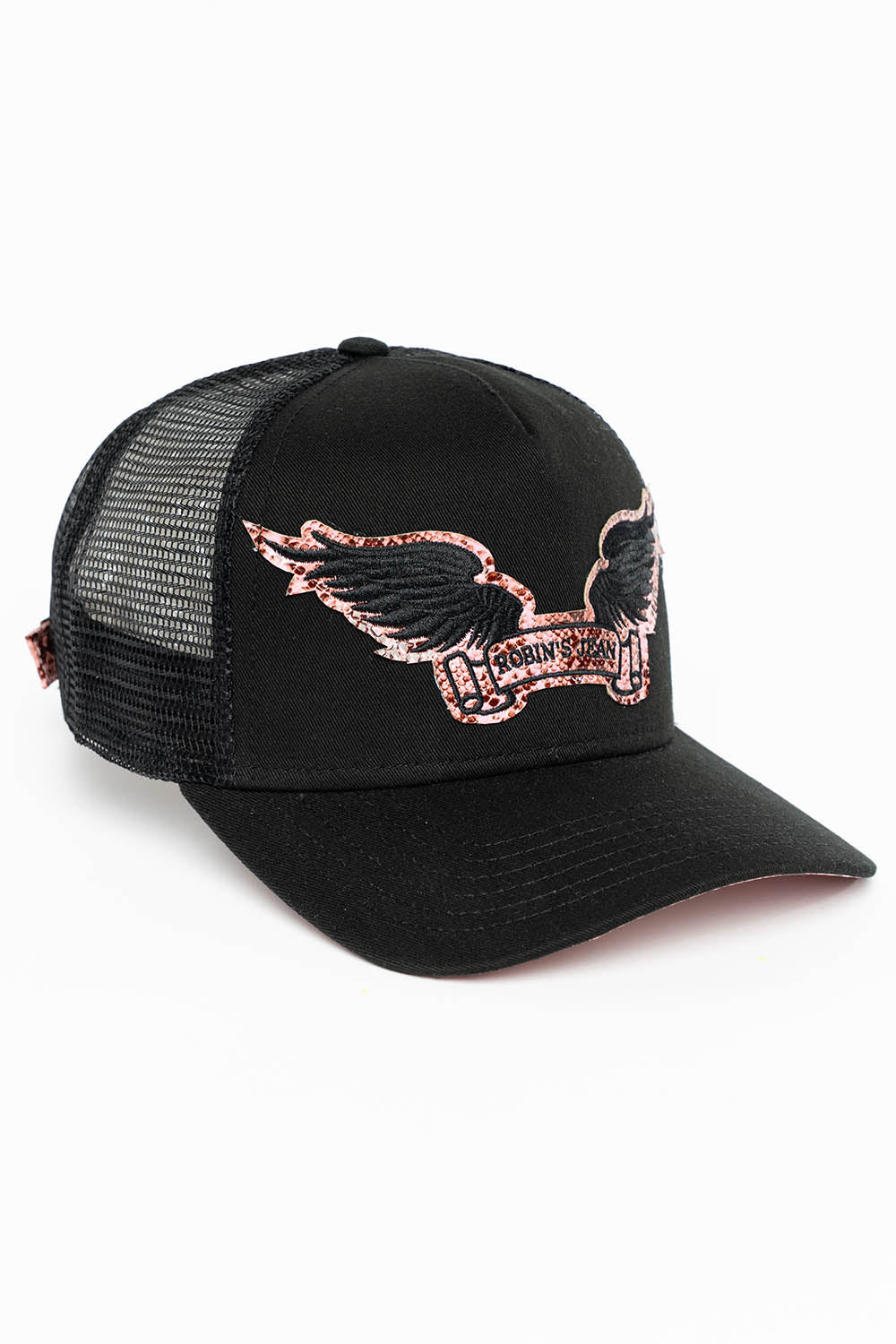 BLACK TRUCKER HAT WITH ROBIN’S SIGNATURE WING LOGO IN SALMON PYTHON - Image 2