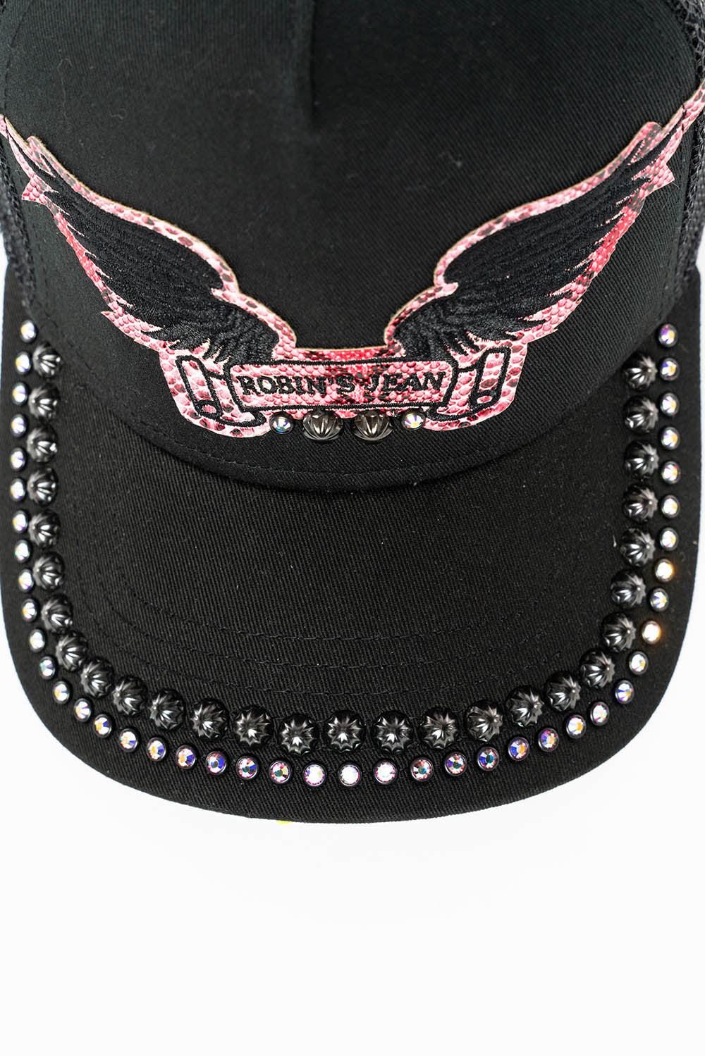 BLACK TRUCKER HAT WITH ROBIN’S SIGNATURE WING LOGO IN SALMON PYTHON WITH STUDS AND CRYSTALS - Image 2