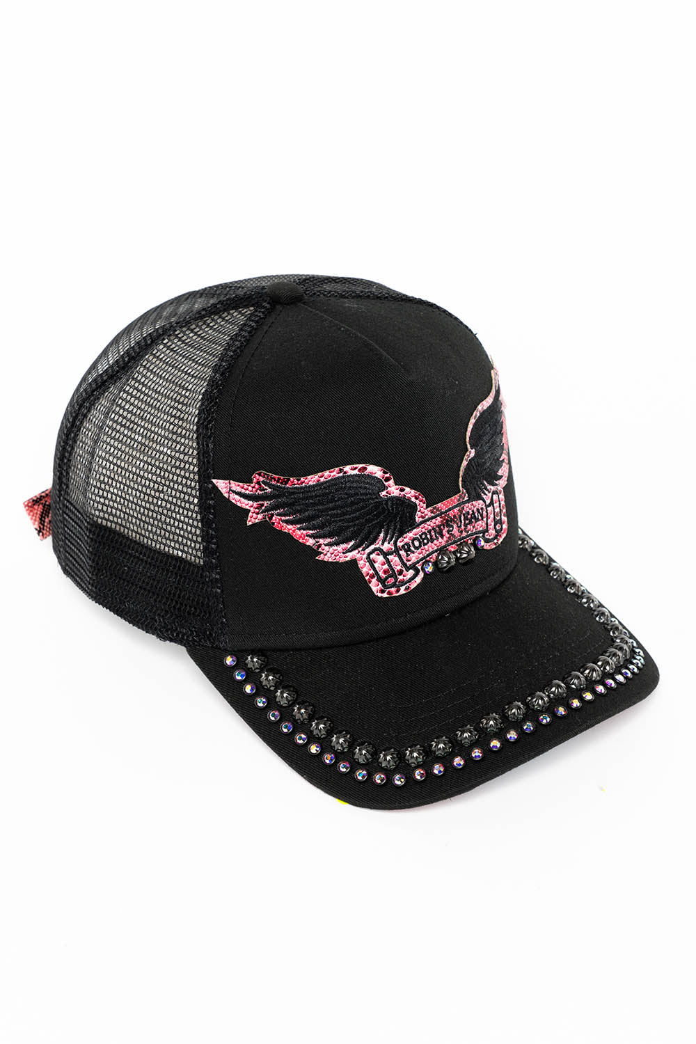 BLACK TRUCKER HAT WITH ROBIN’S SIGNATURE WING LOGO IN SALMON PYTHON WITH STUDS AND CRYSTALS - Image 3