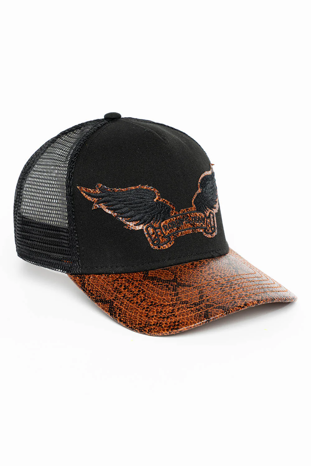 BLK/BROWN PYTHON TRUCKER HAT WITH ROBIN’S SIGNATURE WING LOGO - Image 2