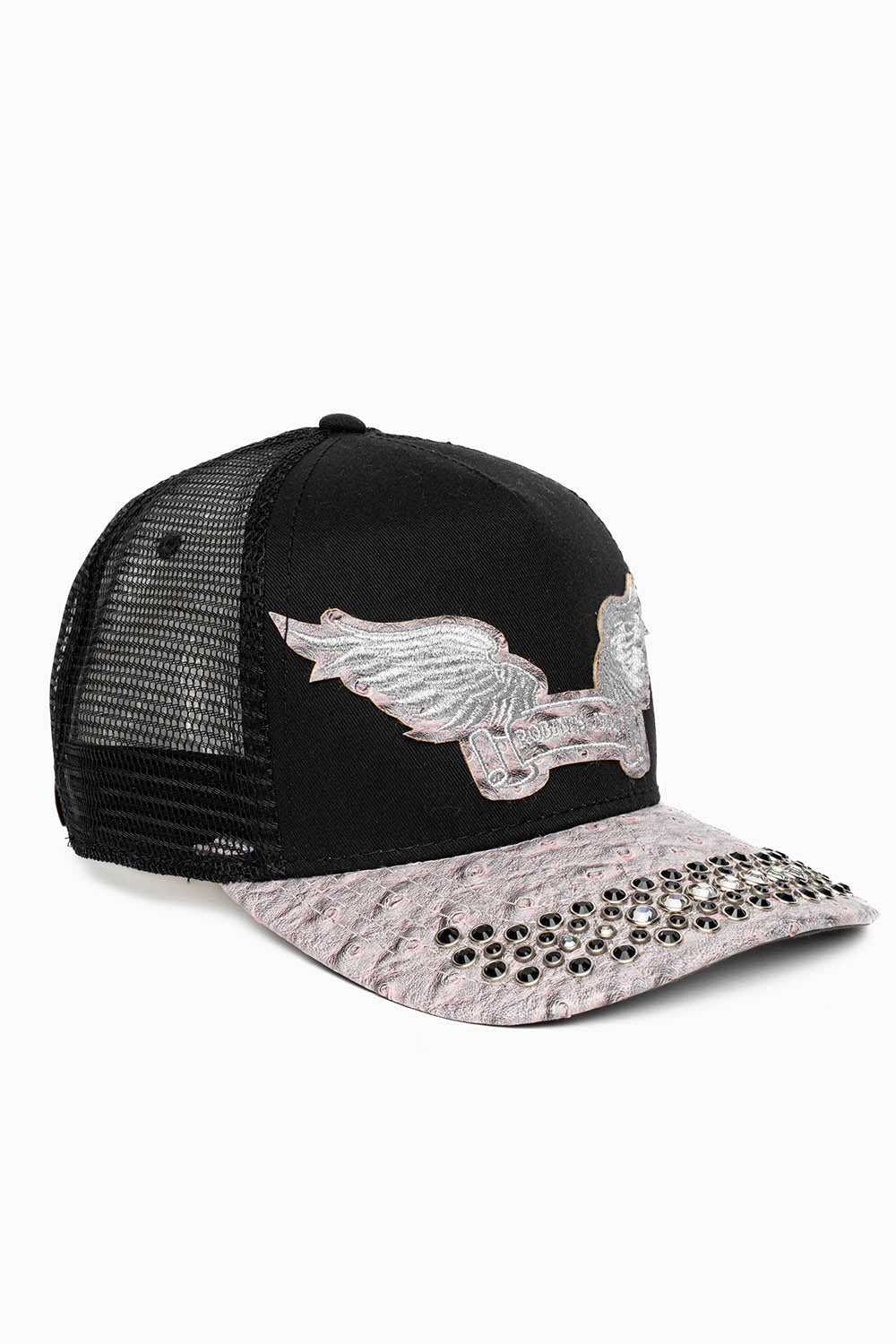 BLK/GREY OSTRICH TRUCKER HAT WITH LARGE CLEAR AND JET BLK CRYSTALS - Image 2