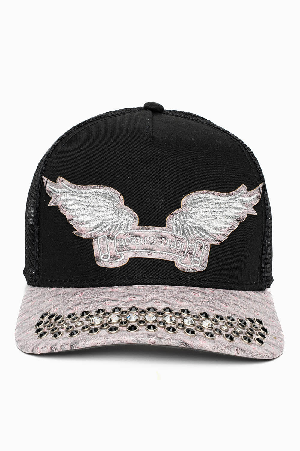 BLK/GREY OSTRICH TRUCKER HAT WITH LARGE CLEAR AND JET BLK CRYSTALS - Image 3