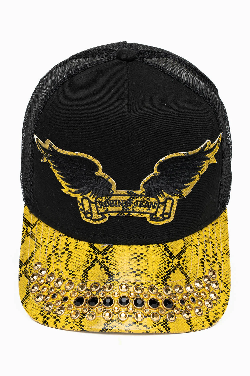 BLK/YELLOW CITRIN PYTHON TRUCKER HAT WITH JET BLK AND AURUM CRYSTAL EMBELLISHMENT