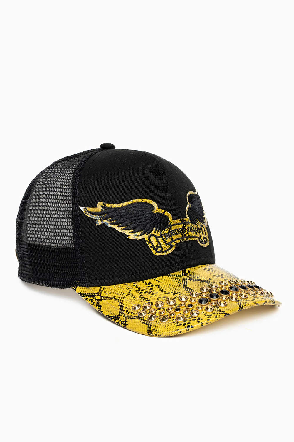 BLK/YELLOW CITRIN PYTHON TRUCKER HAT WITH JET BLK AND AURUM CRYSTAL EMBELLISHMENT - Image 2