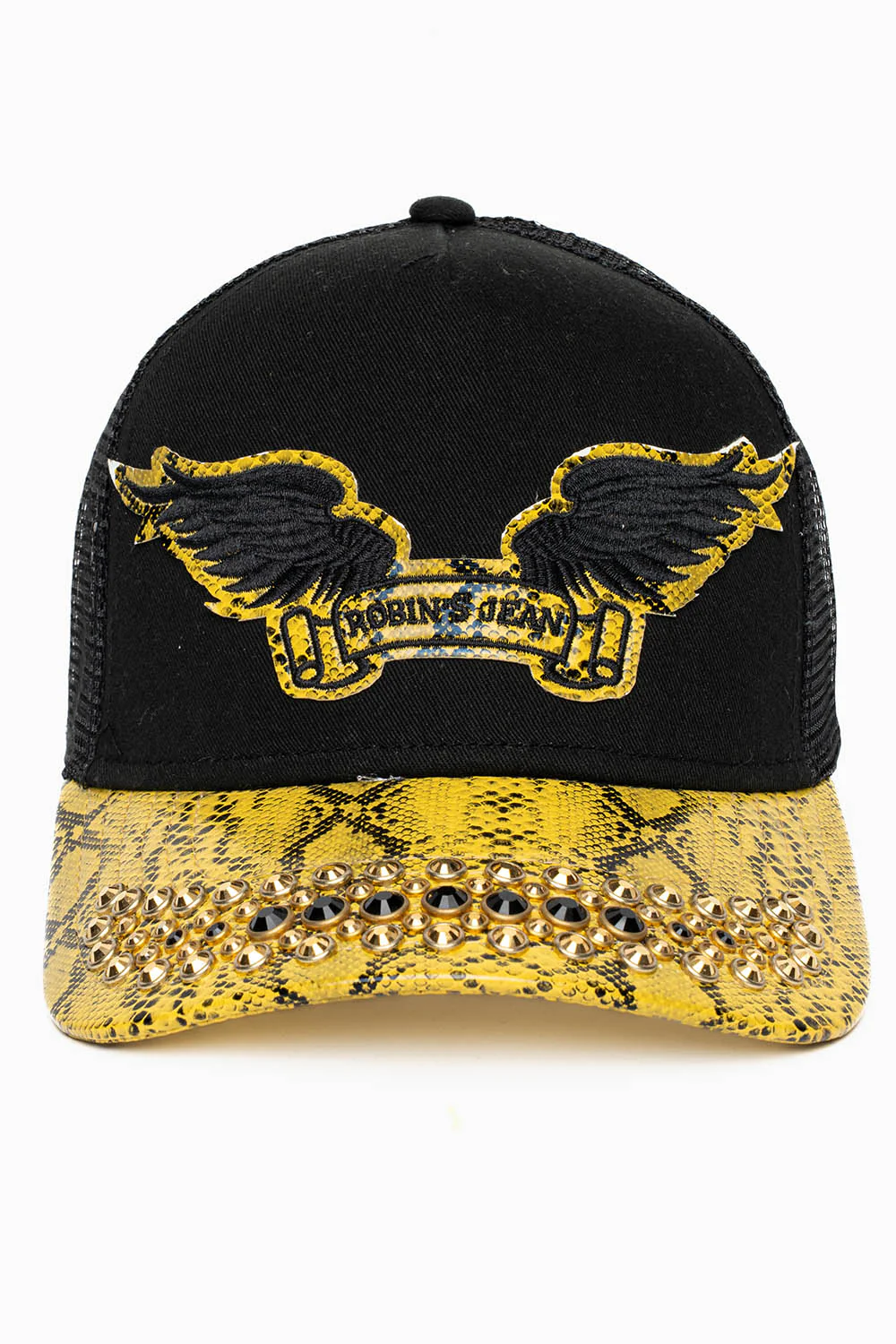 BLK/YELLOW CITRIN PYTHON TRUCKER HAT WITH JET BLK AND AURUM CRYSTAL EMBELLISHMENT - Image 3