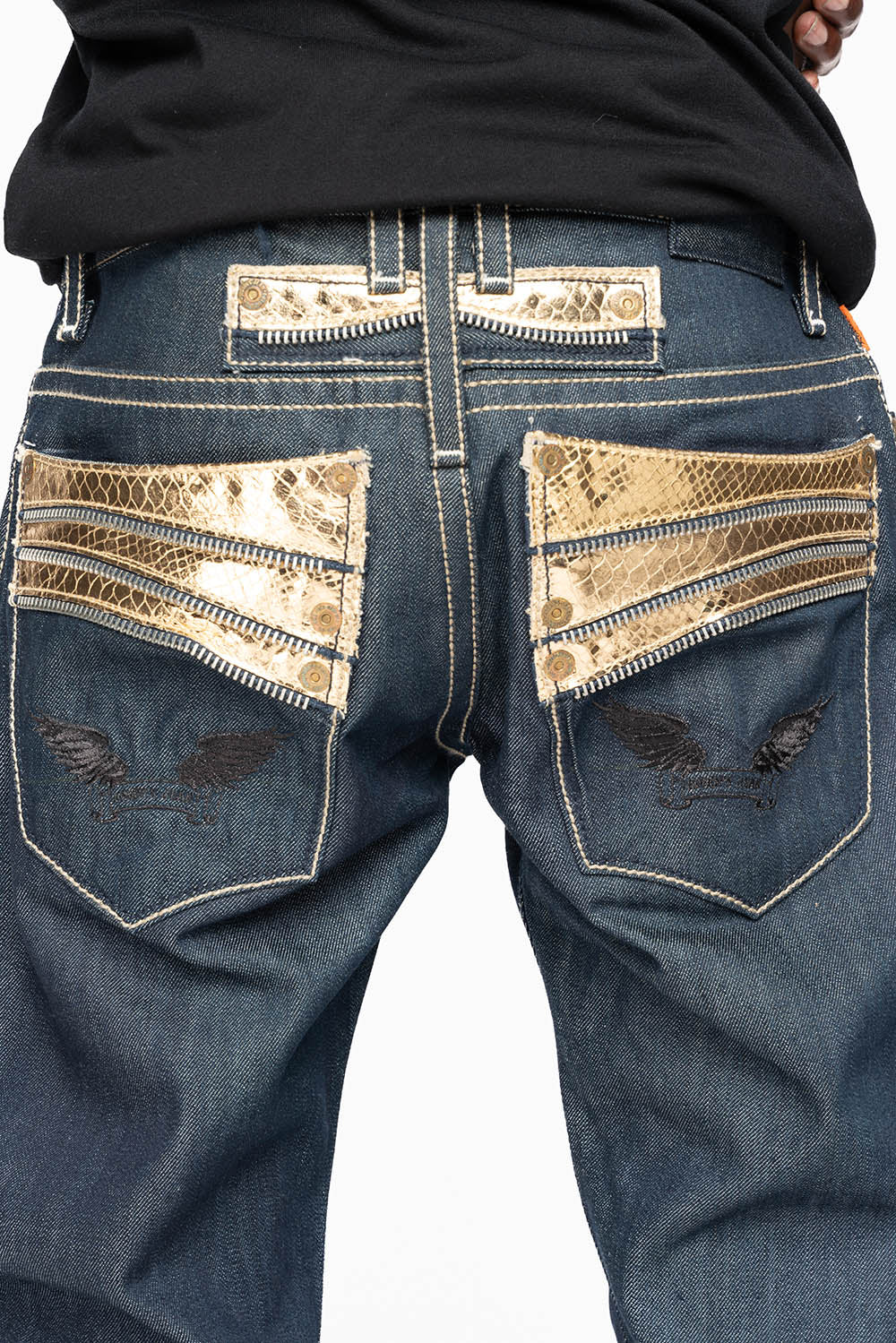 BOOT CUT JEAN IN RAW DENIM WITH GOLD LEATHER ZIPPER EMBELLISHMENT ON BACK POCKETS - Image 3