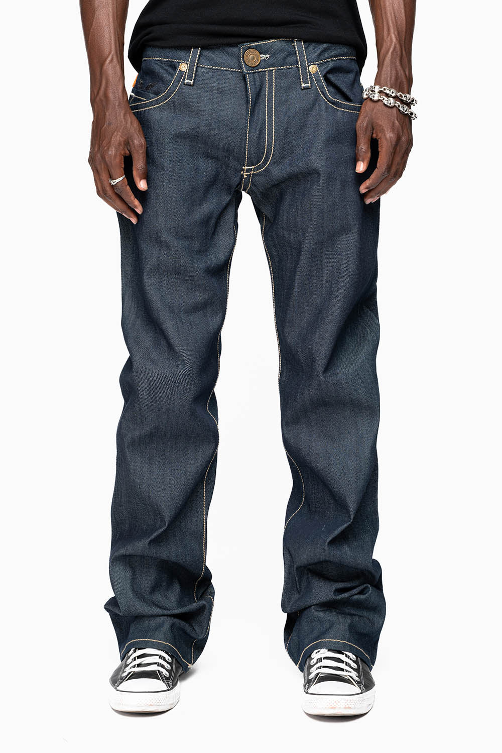 BOOT CUT JEAN IN RAW DENIM WITH GOLD LEATHER ZIPPER EMBELLISHMENT ON BACK POCKETS - Image 4