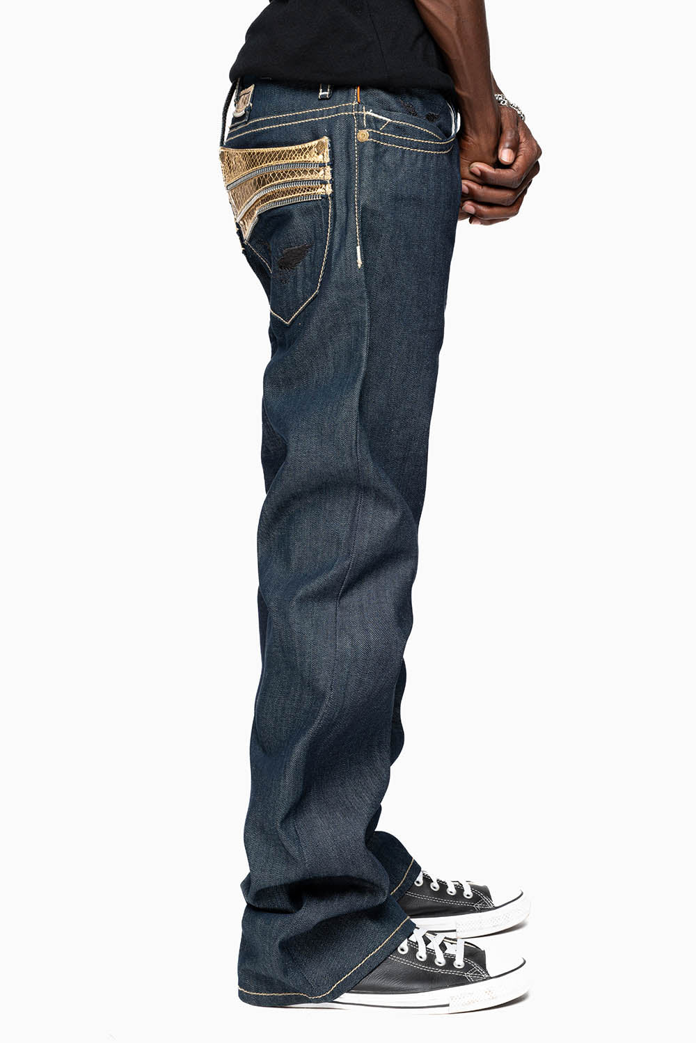 BOOT CUT JEAN IN RAW DENIM WITH GOLD LEATHER ZIPPER EMBELLISHMENT ON BACK POCKETS - Image 5
