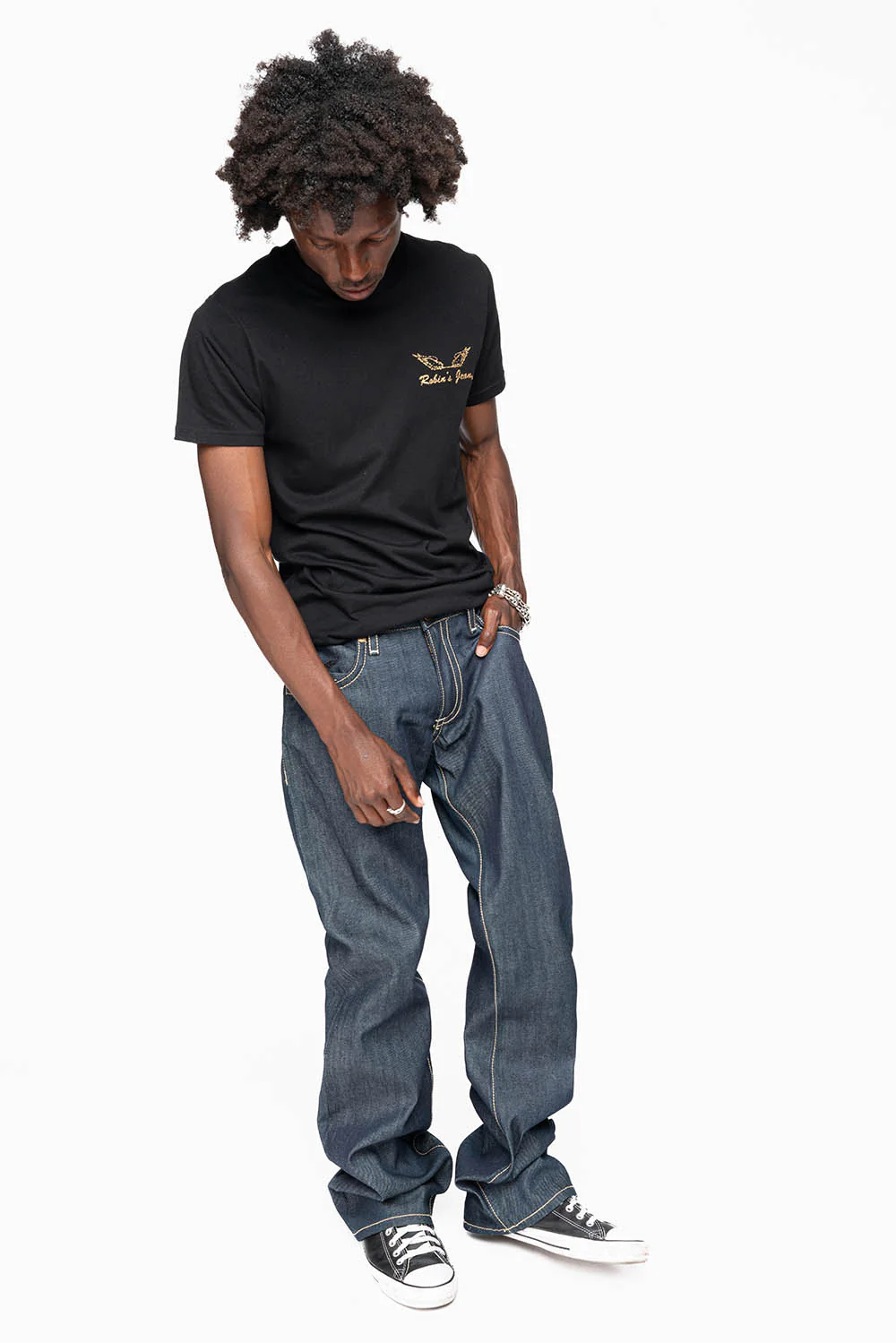 BOOT CUT JEAN IN RAW DENIM WITH GOLD LEATHER ZIPPER EMBELLISHMENT ON BACK POCKETS - Image 7