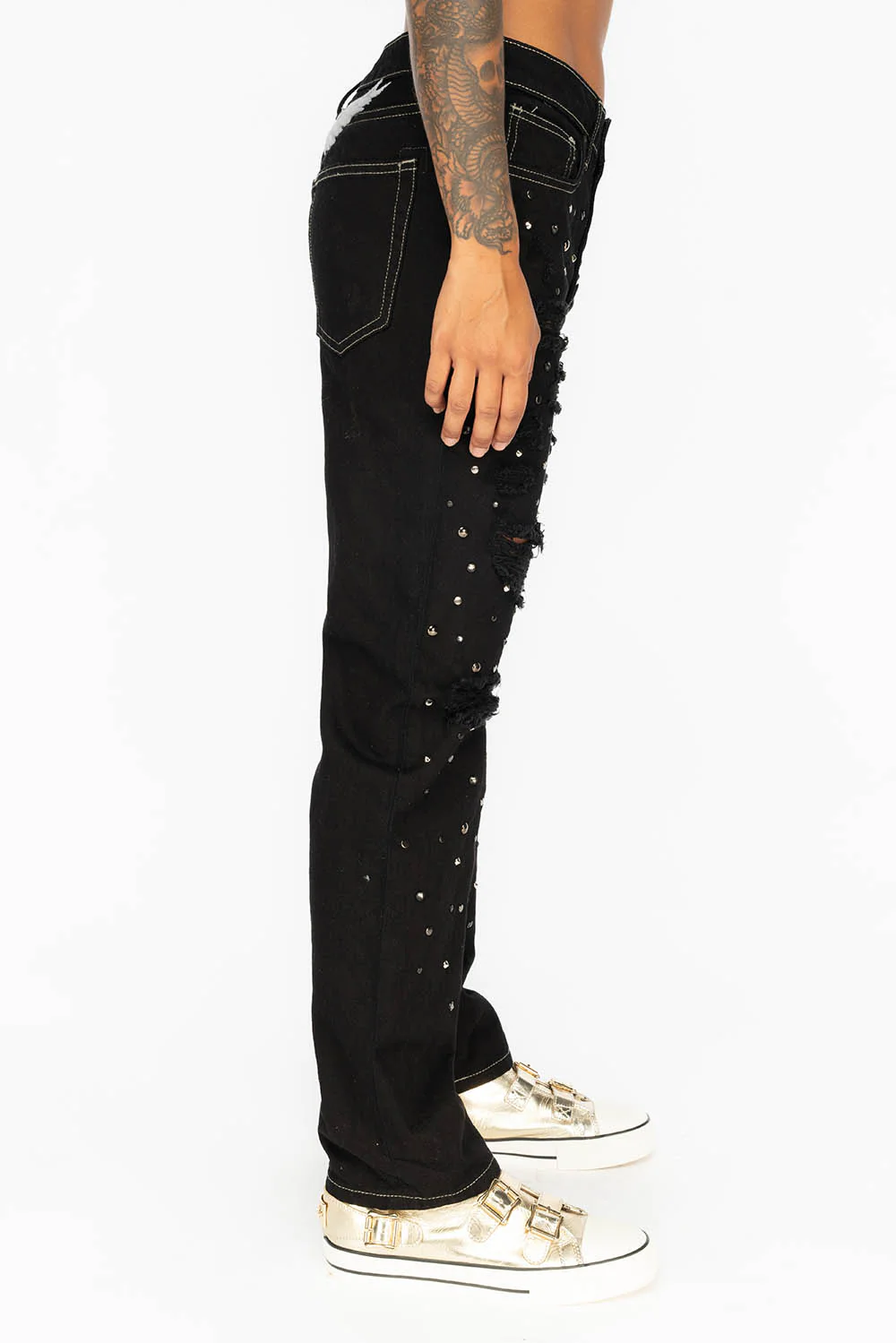 BOYFRIEND JEANS IN PURE BLACK WITH BLACK AND SILVER STUDS & CRYSTALS - Image 3