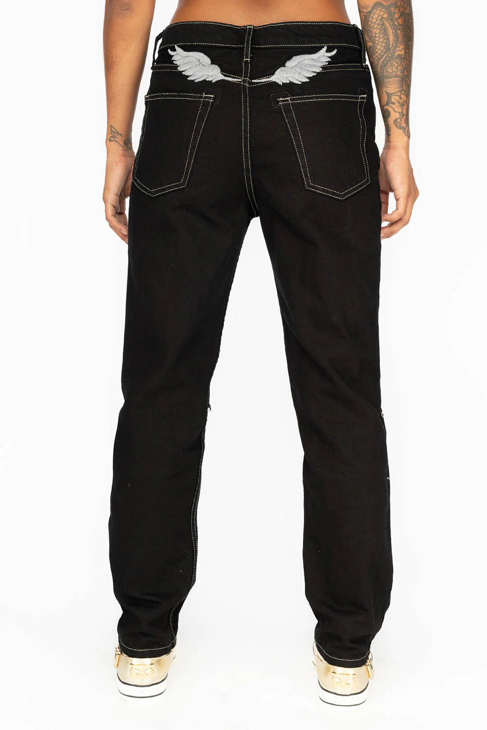 BOYFRIEND JEANS IN PURE BLACK WITH BLACK AND SILVER STUDS & CRYSTALS - Image 4