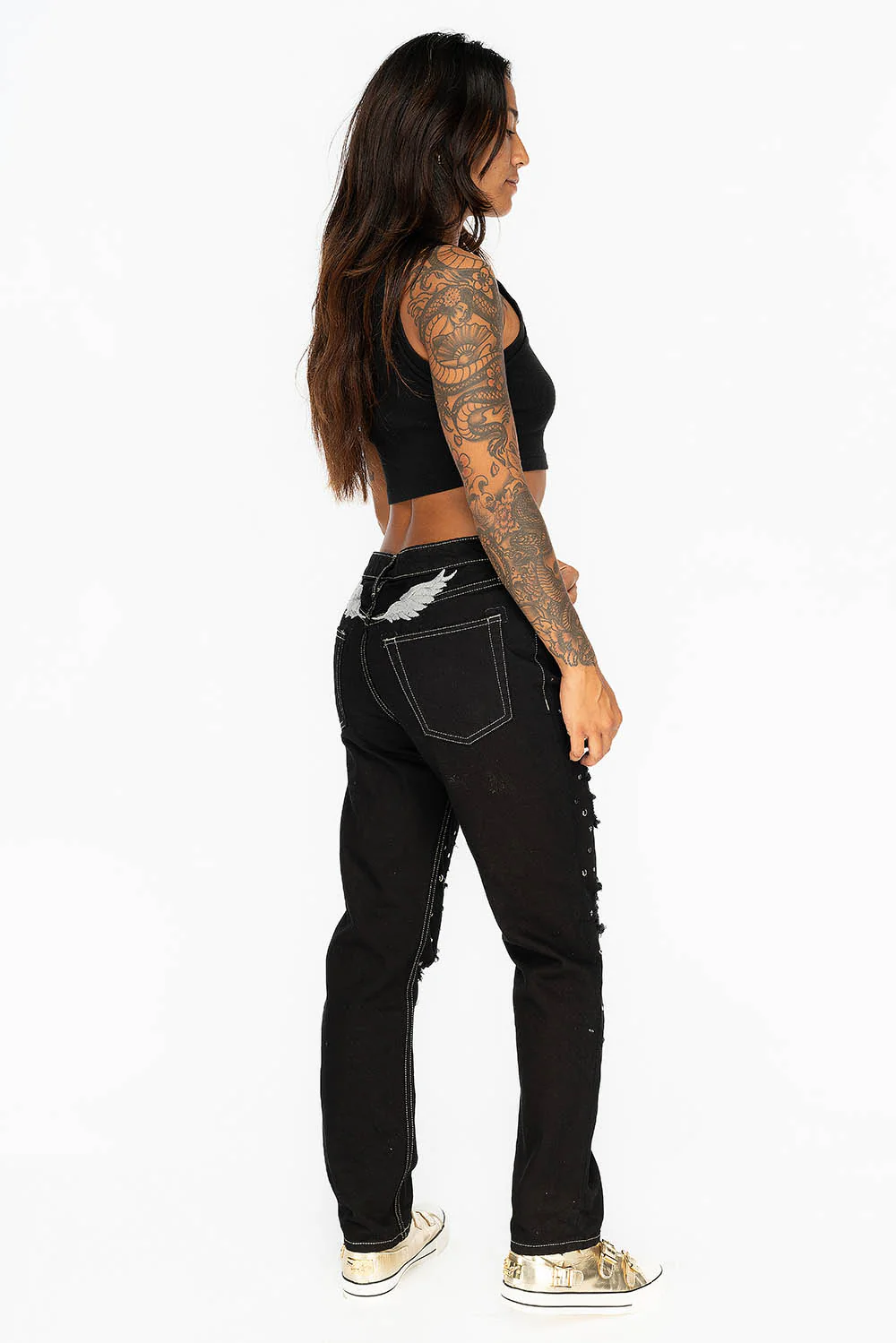 BOYFRIEND JEANS IN PURE BLACK WITH BLACK AND SILVER STUDS & CRYSTALS - Image 6