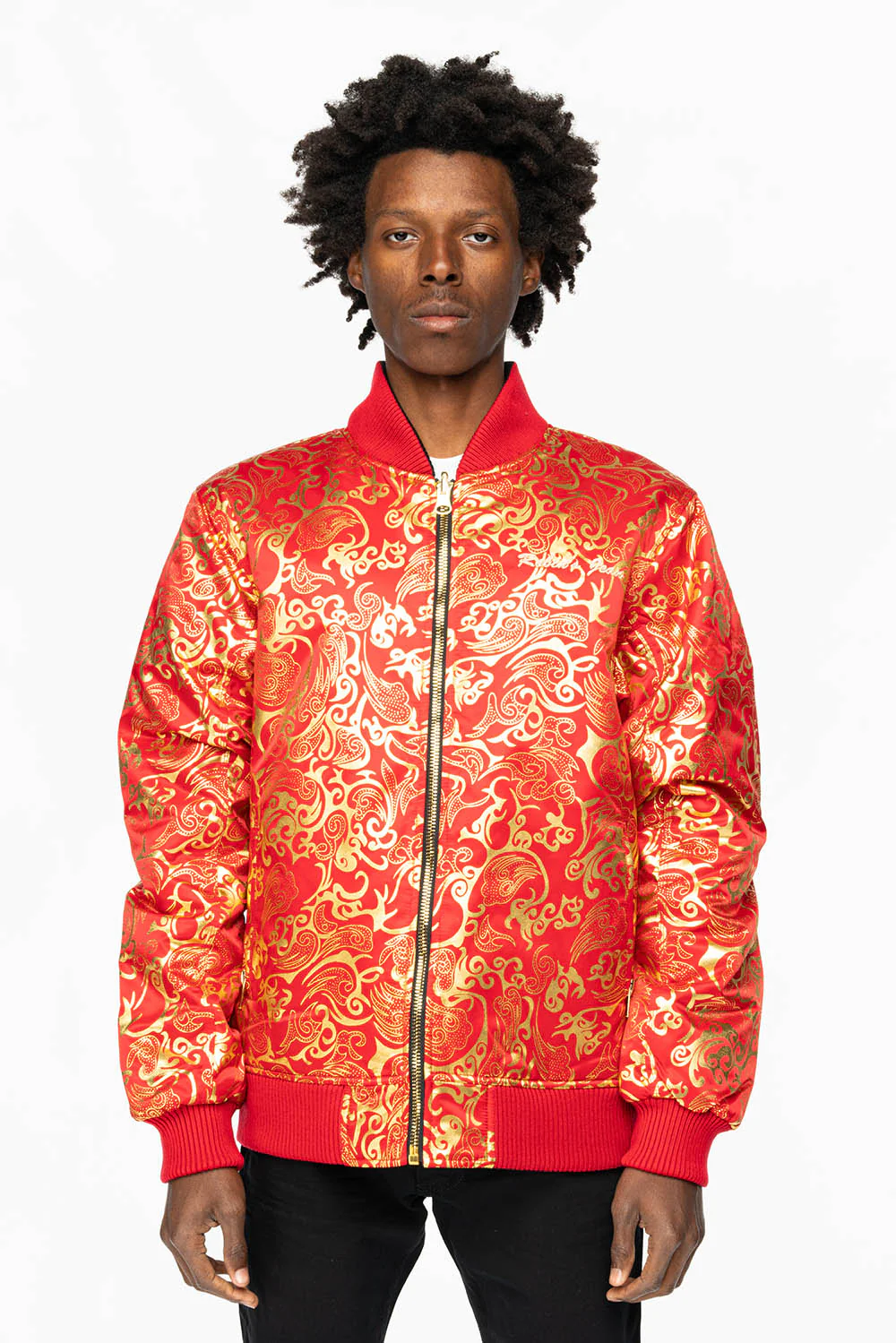 ROBIN’S REVERSIBLE VARSITY BOMBER JACKET IN RED/GOLD - Image 2