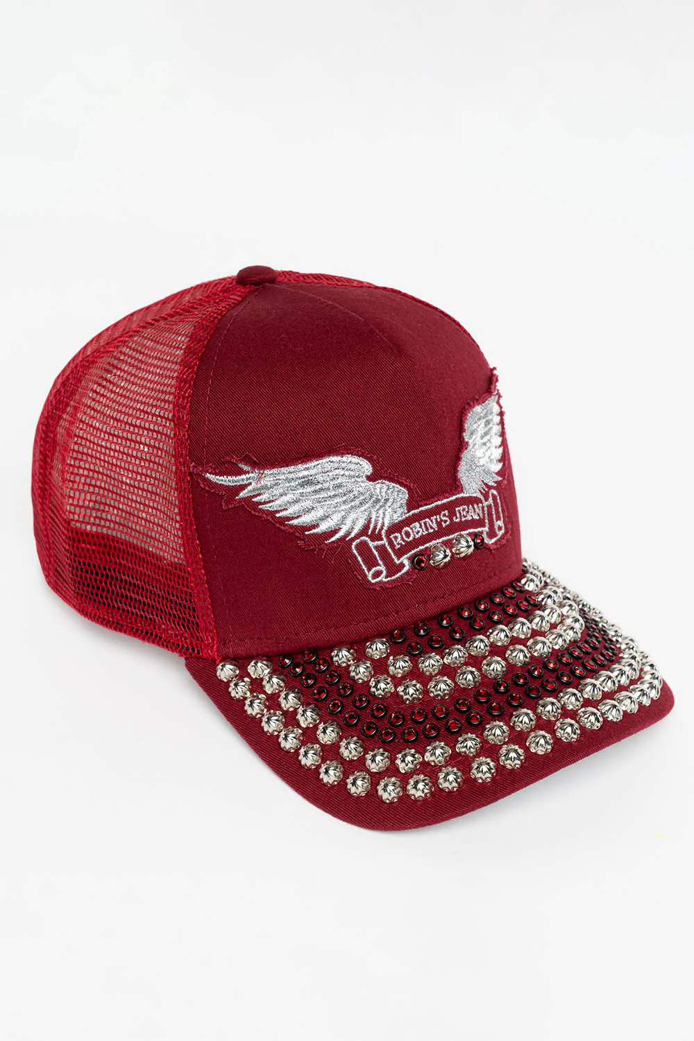 BURGUNDY TRUCKER HAT WITH RED CRYSTAL AND SILVER NAILHEAD EMBELLISHMENT - Image 2